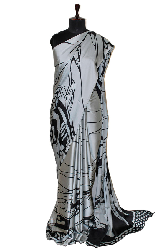 Printed Soft Crepe Silk Saree in Pewter Grey and Black in Abstract Prints