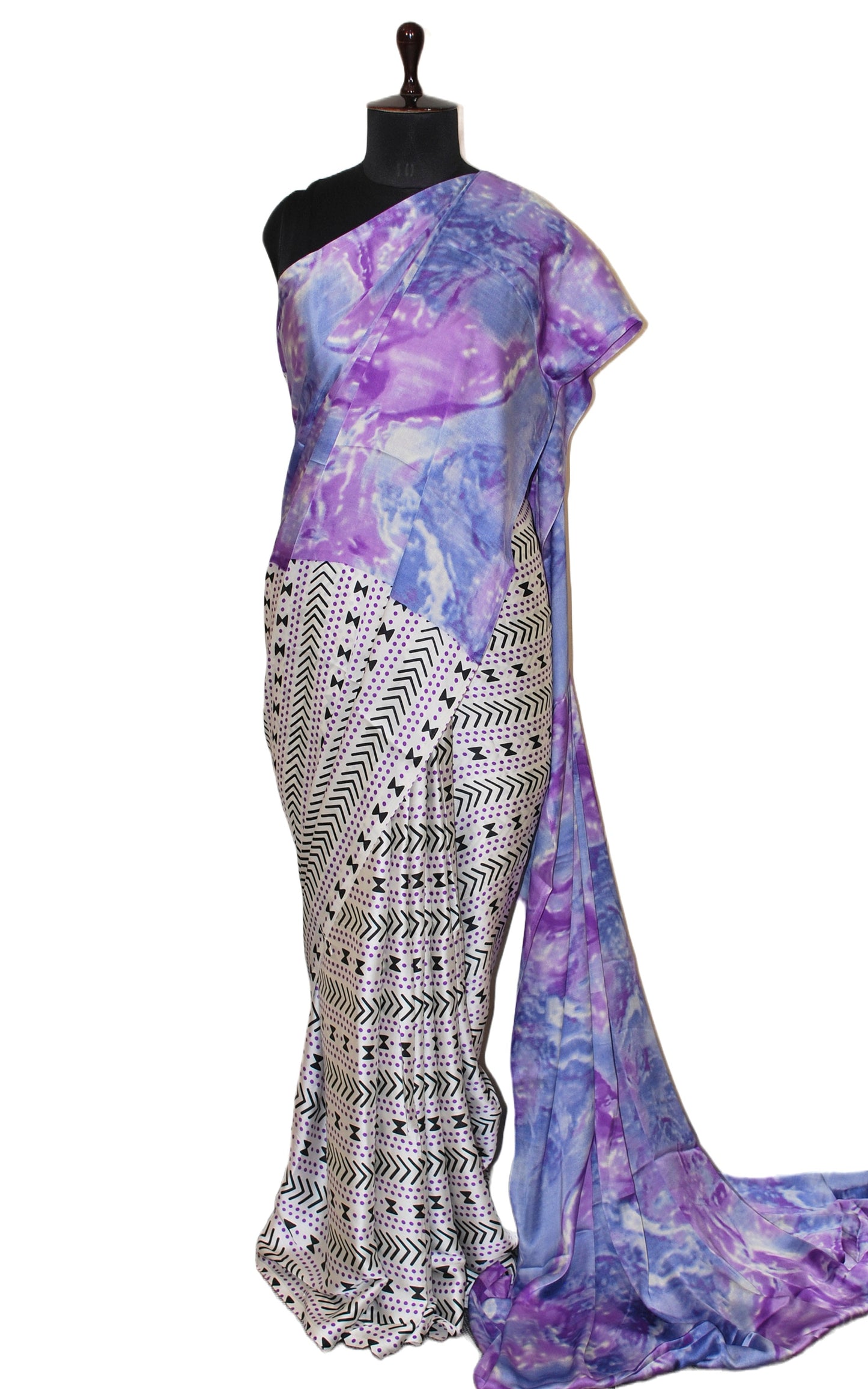 Printed Soft Crepe Silk Saree in Off White, Black, Violet and Blue