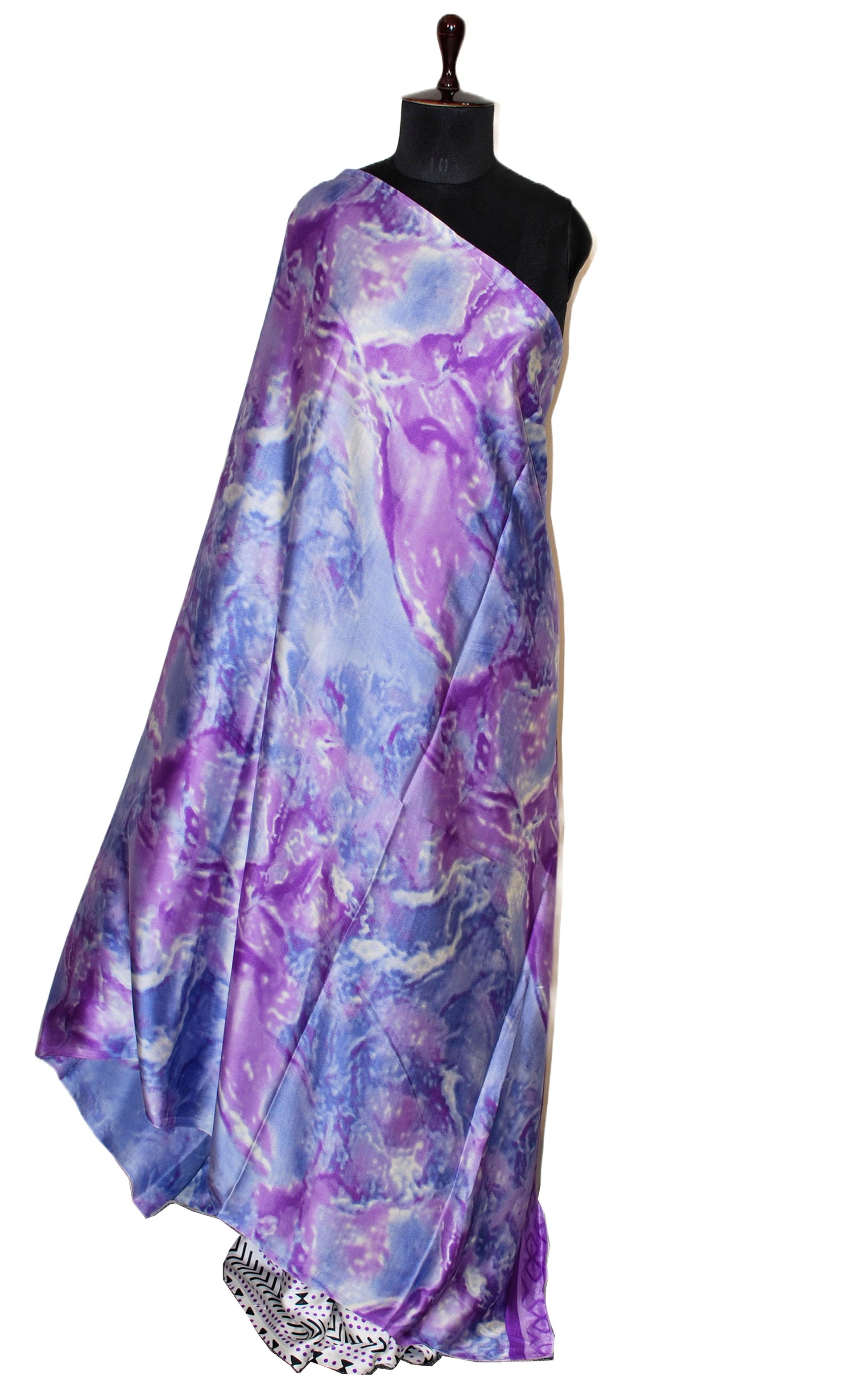 Printed Soft Crepe Silk Saree in Off White, Black, Violet and Blue