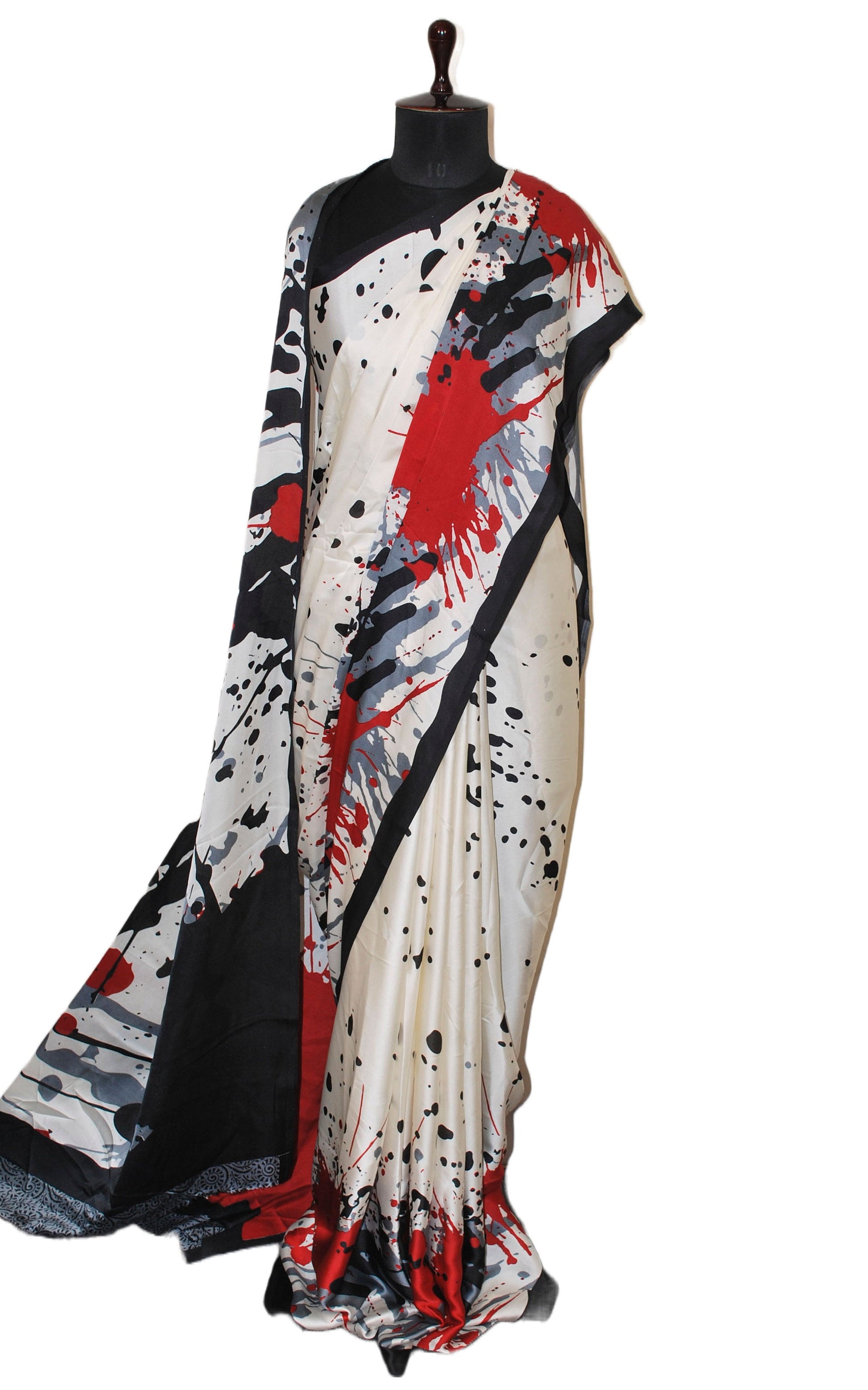 Printed Soft Crepe Silk Saree in Off White and Multicolored in Abstract Prints