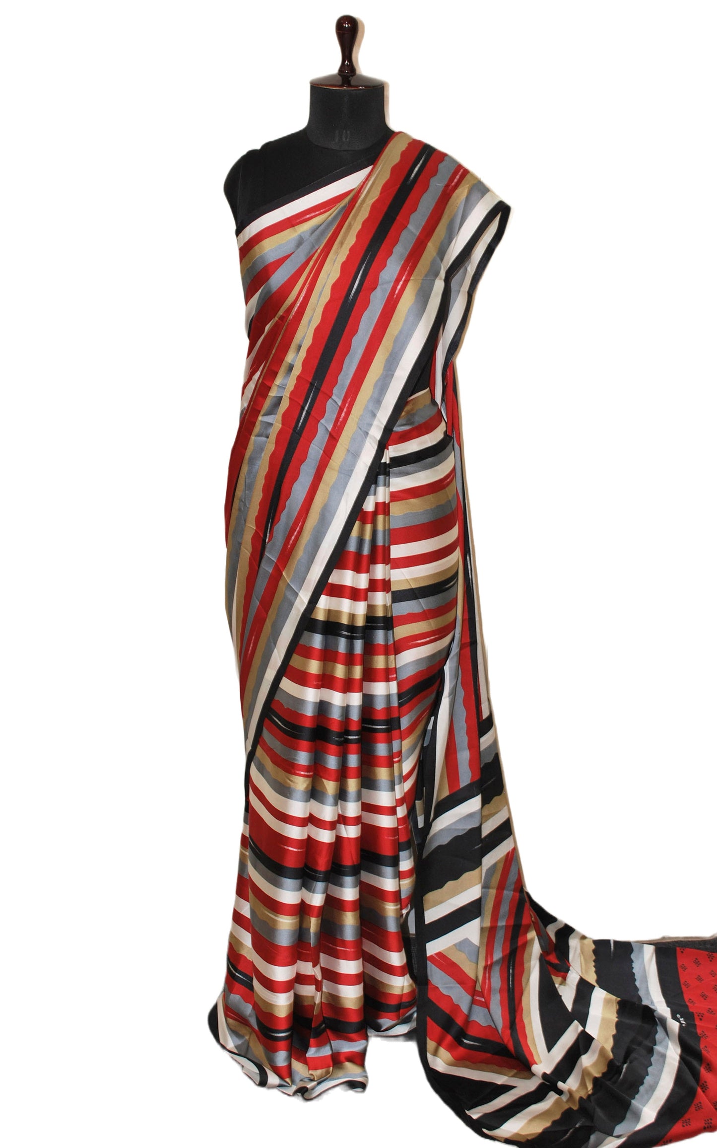 Printed Soft Crepe Silk Saree in Red, White and Multicolored in Abstract Prints