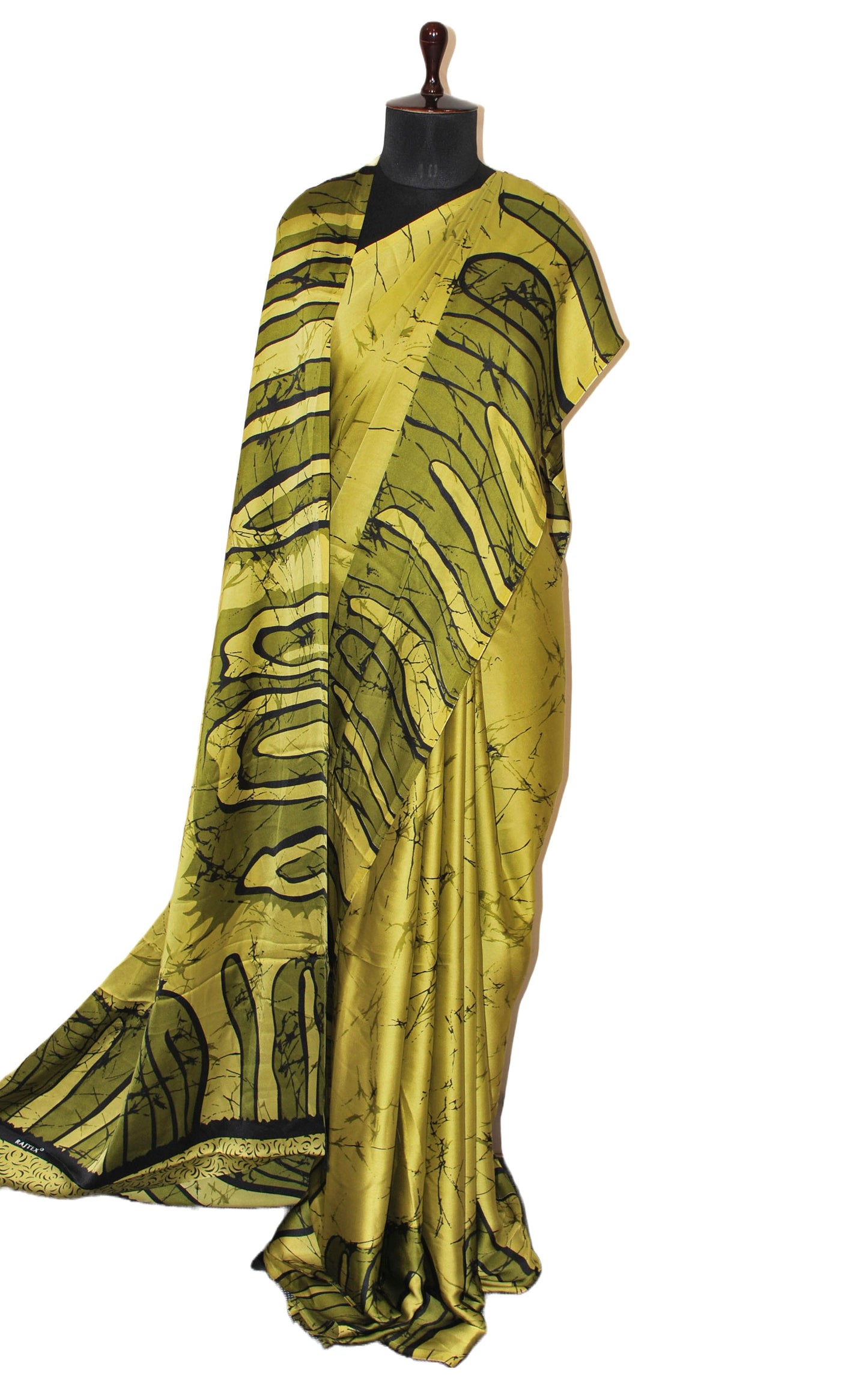 Printed Soft Crepe Silk Saree in Dirty Gold, Black and Olive Green