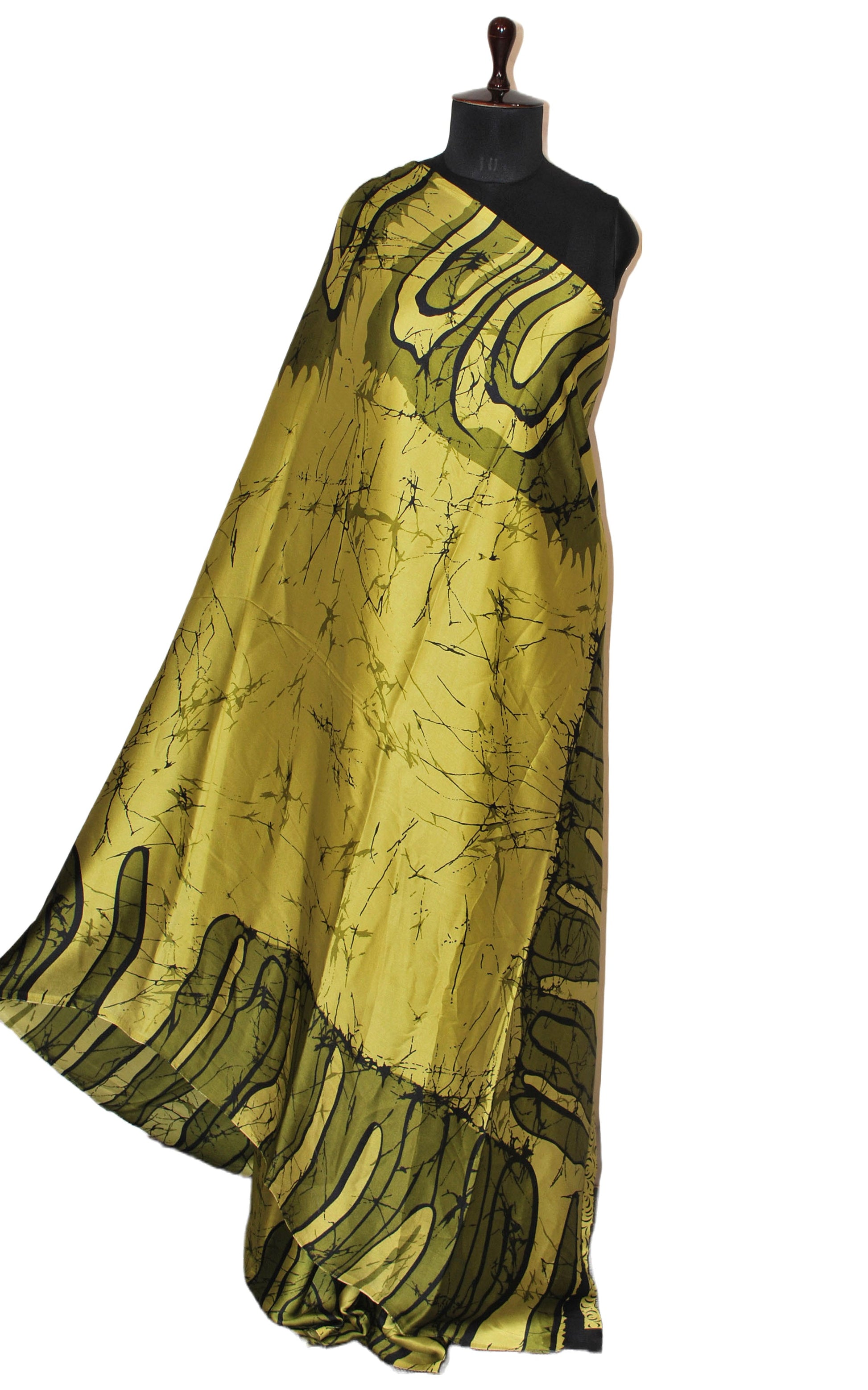 Printed Soft Crepe Silk Saree in Dirty Gold, Black and Olive Green