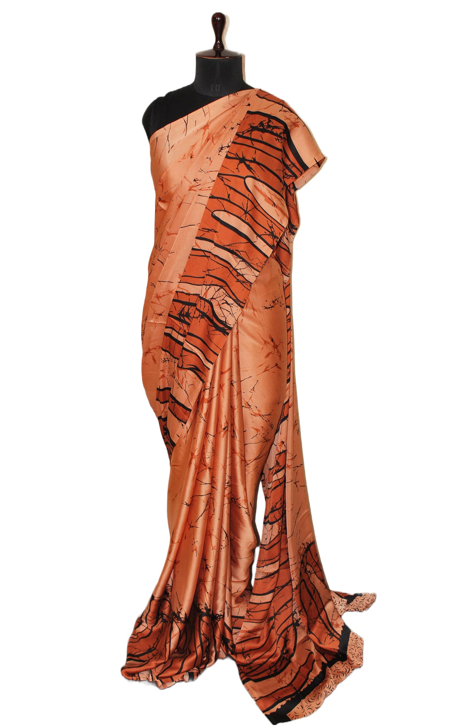 Printed Soft Crepe Silk Saree in Burnt Sienna and Black