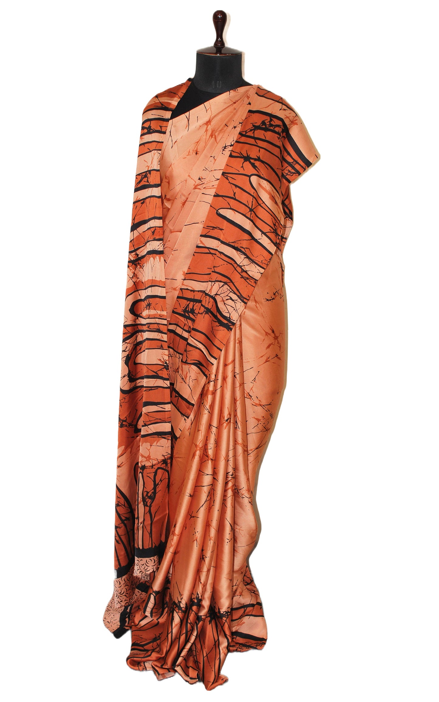 Printed Soft Crepe Silk Saree in Burnt Sienna and Black