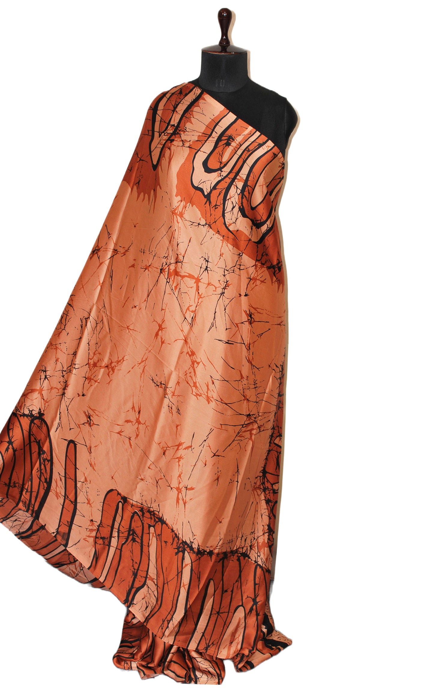 Printed Soft Crepe Silk Saree in Burnt Sienna and Black