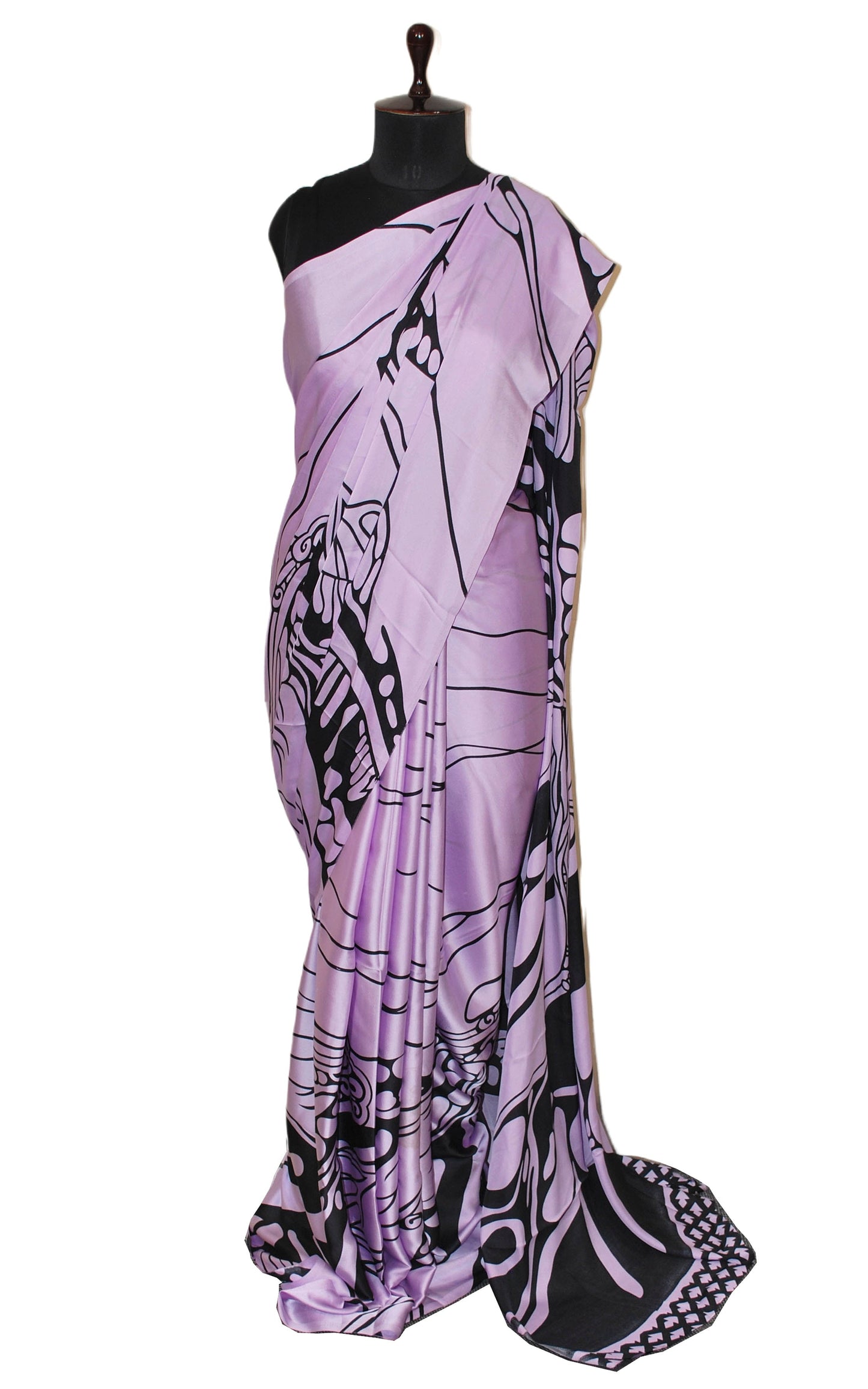 Printed Soft Crepe Silk Saree in Lavender and Black in Abstract Prints