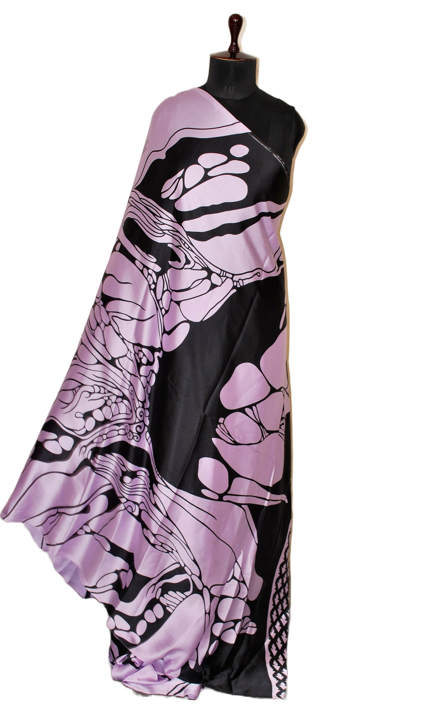 Printed Soft Crepe Silk Saree in Lavender and Black in Abstract Prints