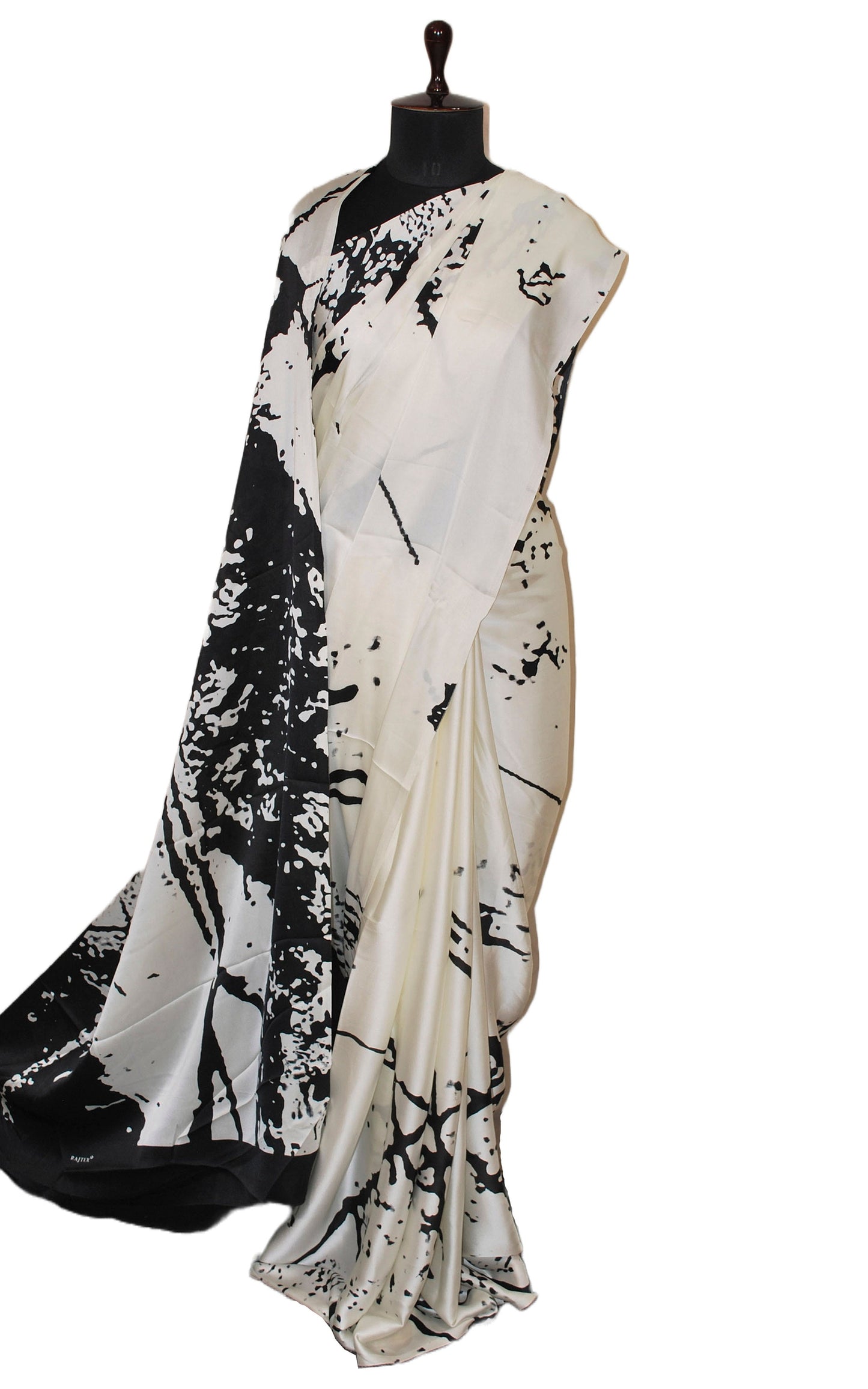 Printed Soft Crepe Silk Saree in Floral White and Black in Abstract Prints