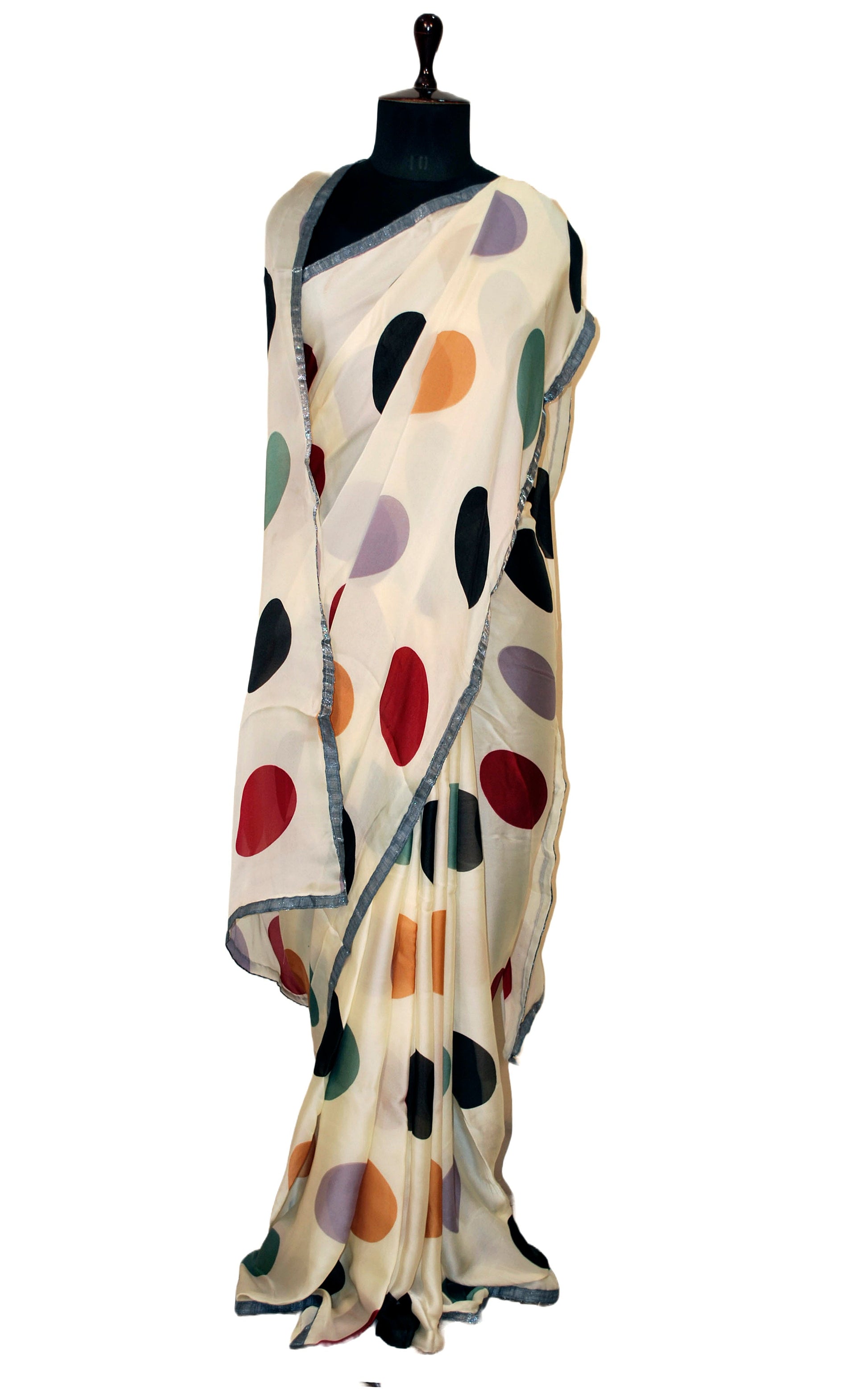 Printed Soft Crepe Silk Saree in Powder White, Grey and Multicolored Polka Prints