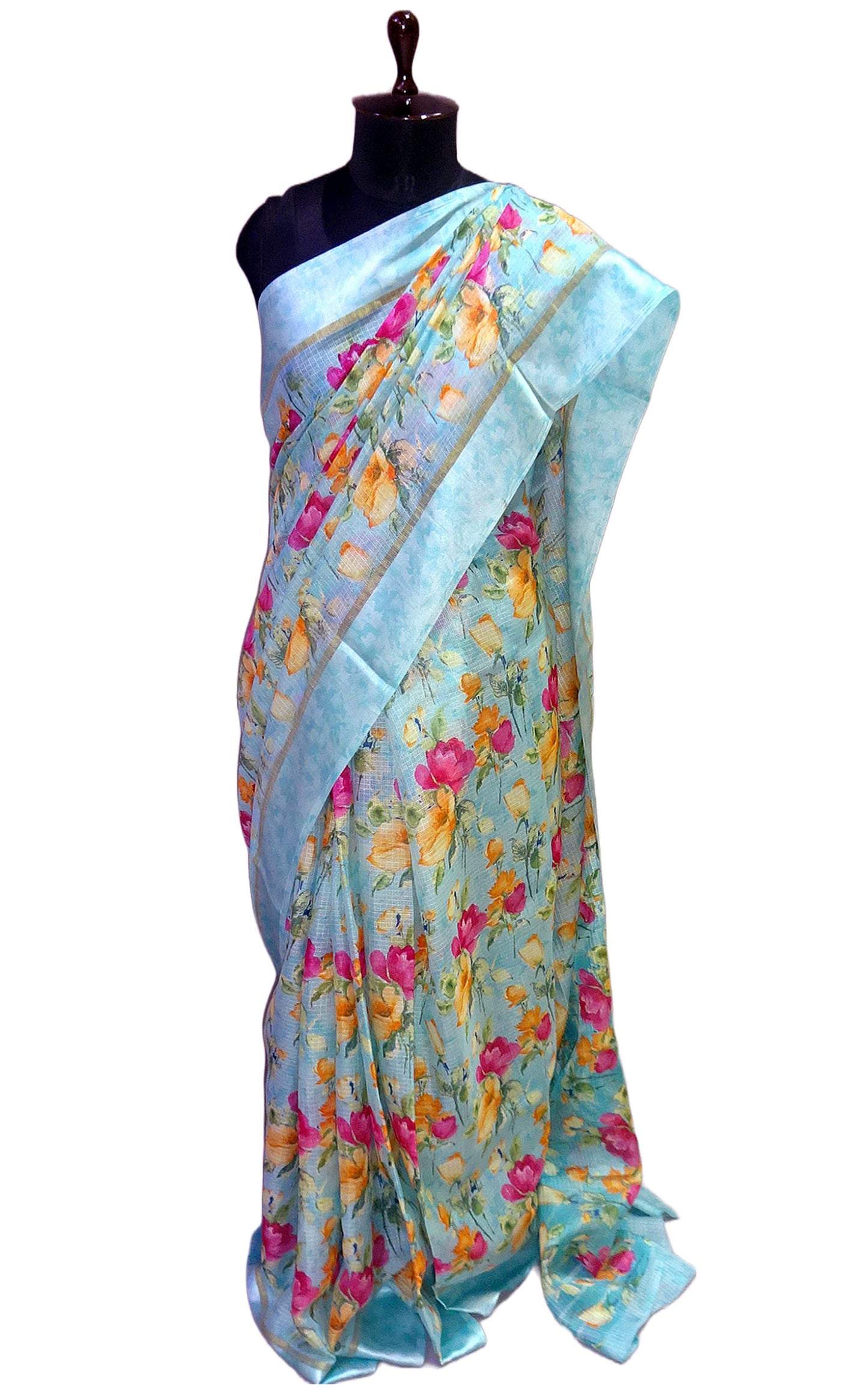 Designer Satin Border Soft Kota Doria Digital Printed Saree in Icy Blue and Multicolored