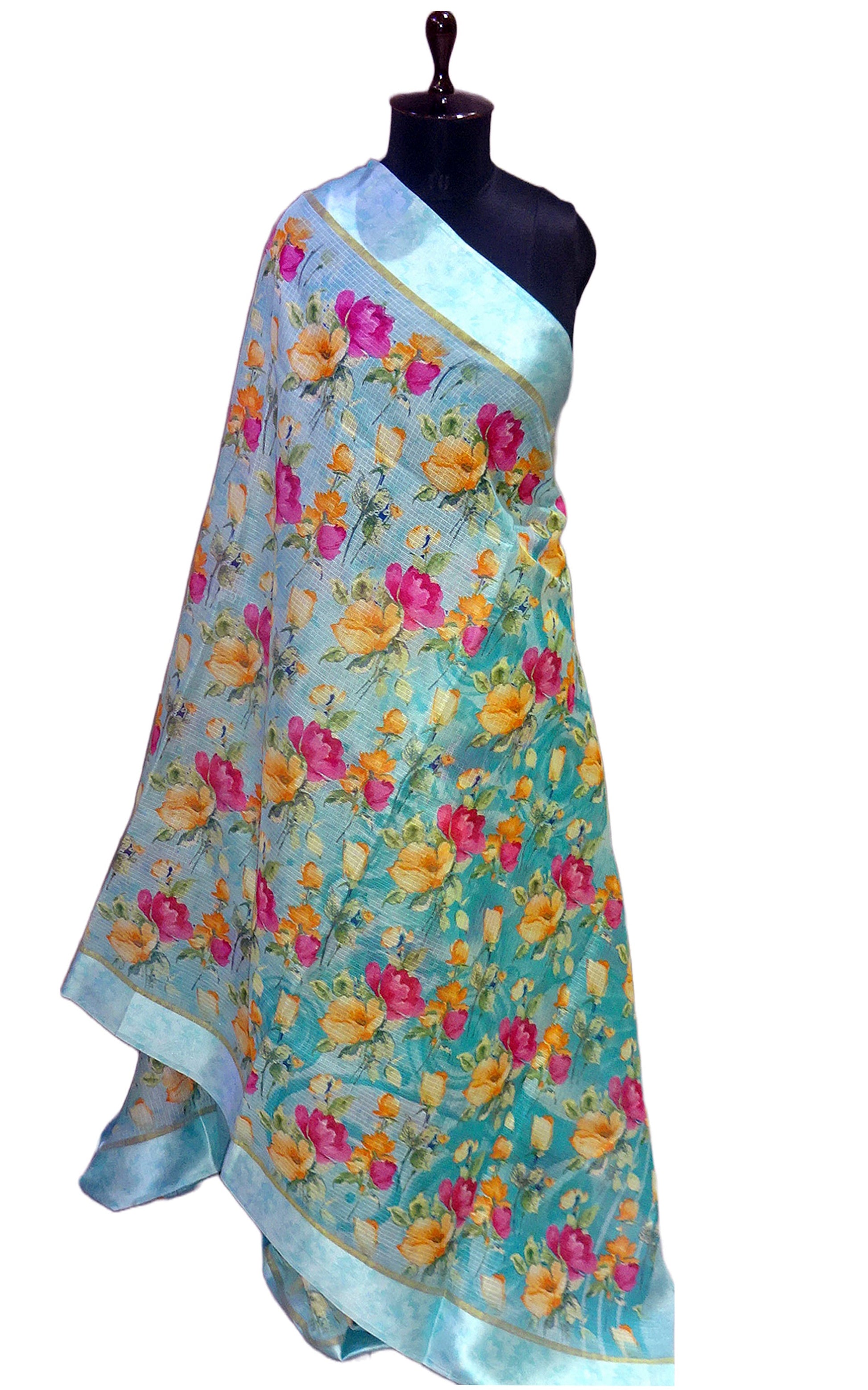 Designer Satin Border Soft Kota Doria Digital Printed Saree in Icy Blue and Multicolored