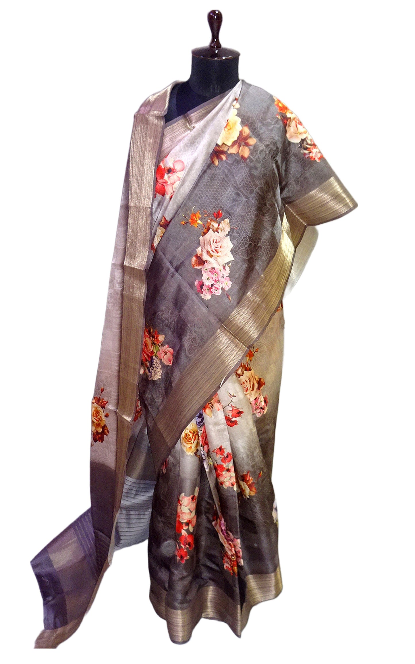 Digital Printed Silk Linen Saree in Dual Tone Grey and Multicolored