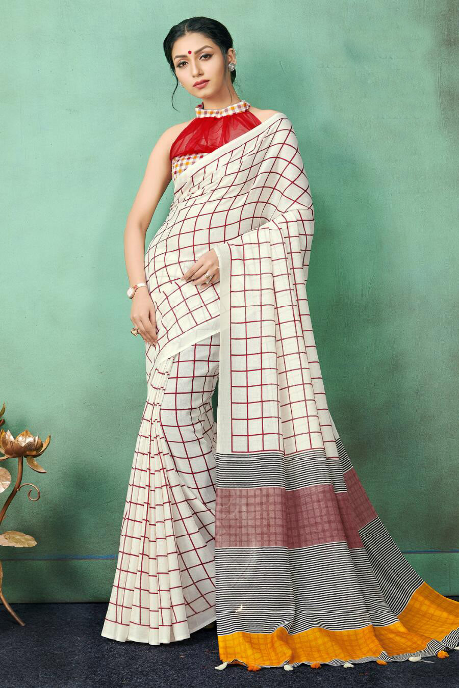 Designer Printed Linen Saree in Off White, Maroon, Black and Golden Yellow