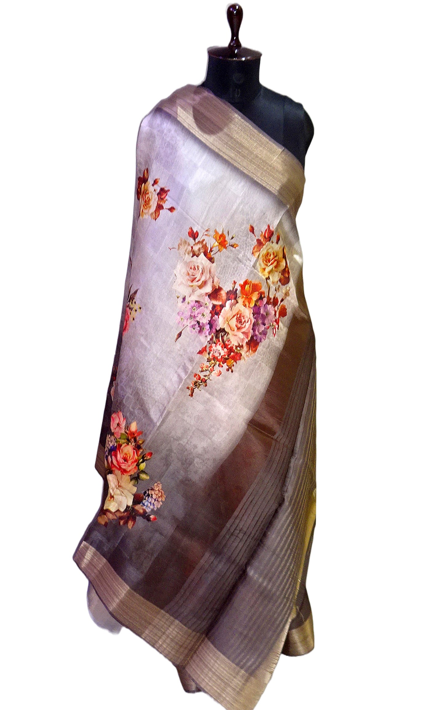 Digital Printed Silk Linen Saree in Dual Tone Grey and Multicolored