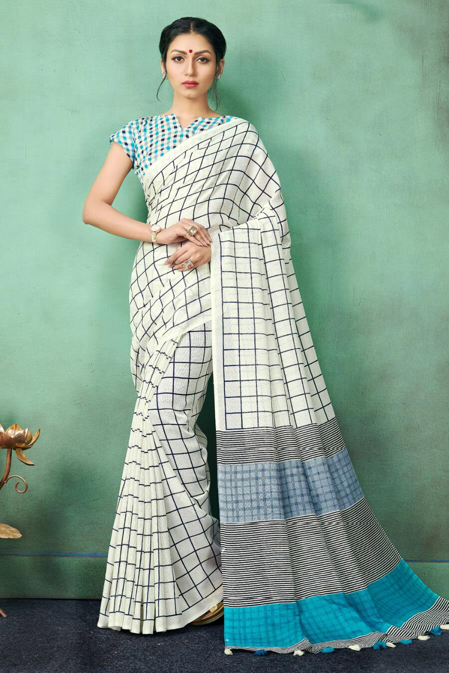 Designer Printed Linen Saree in Off White, Blue and Black