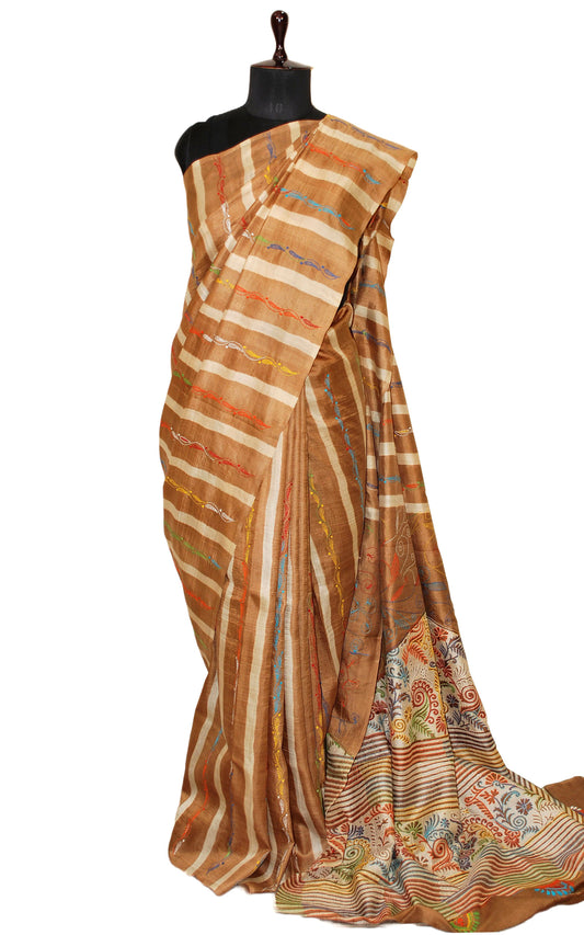 Pure Silk Hand Embroidery Kantha Stitch Saree in Tan Gold, Off White and Multicolored Thread Work