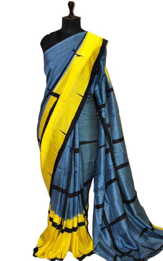 Soft Bishnupuri Printed Pure Silk Saree in Slate Grey, Bumble Yellow and Black