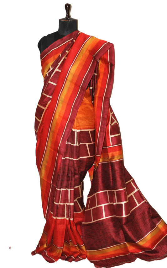 Soft Bishnupuri Printed Pure Silk Saree in Garnet, Burnt Orange Ochre Yellow and Off White