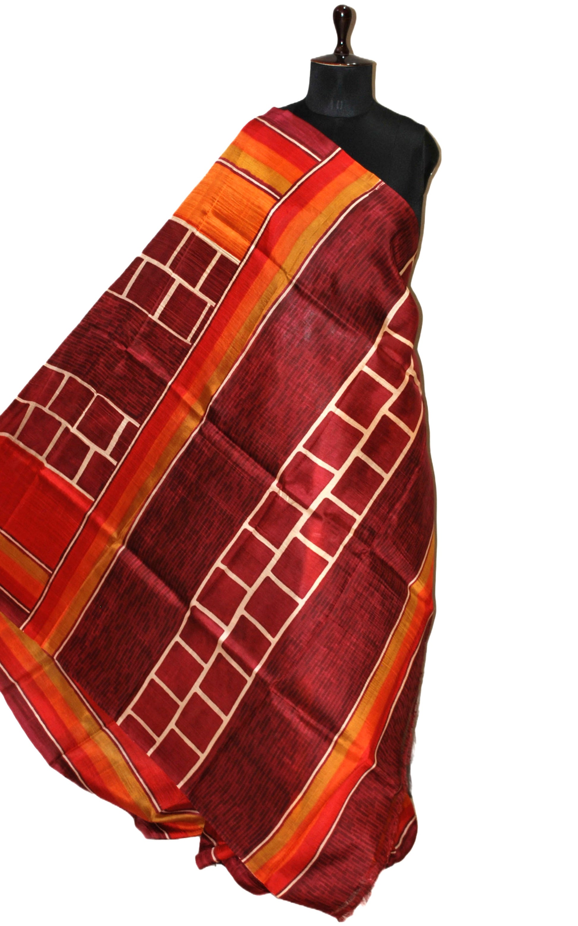 Soft Bishnupuri Printed Pure Silk Saree in Garnet, Burnt Orange Ochre Yellow and Off White