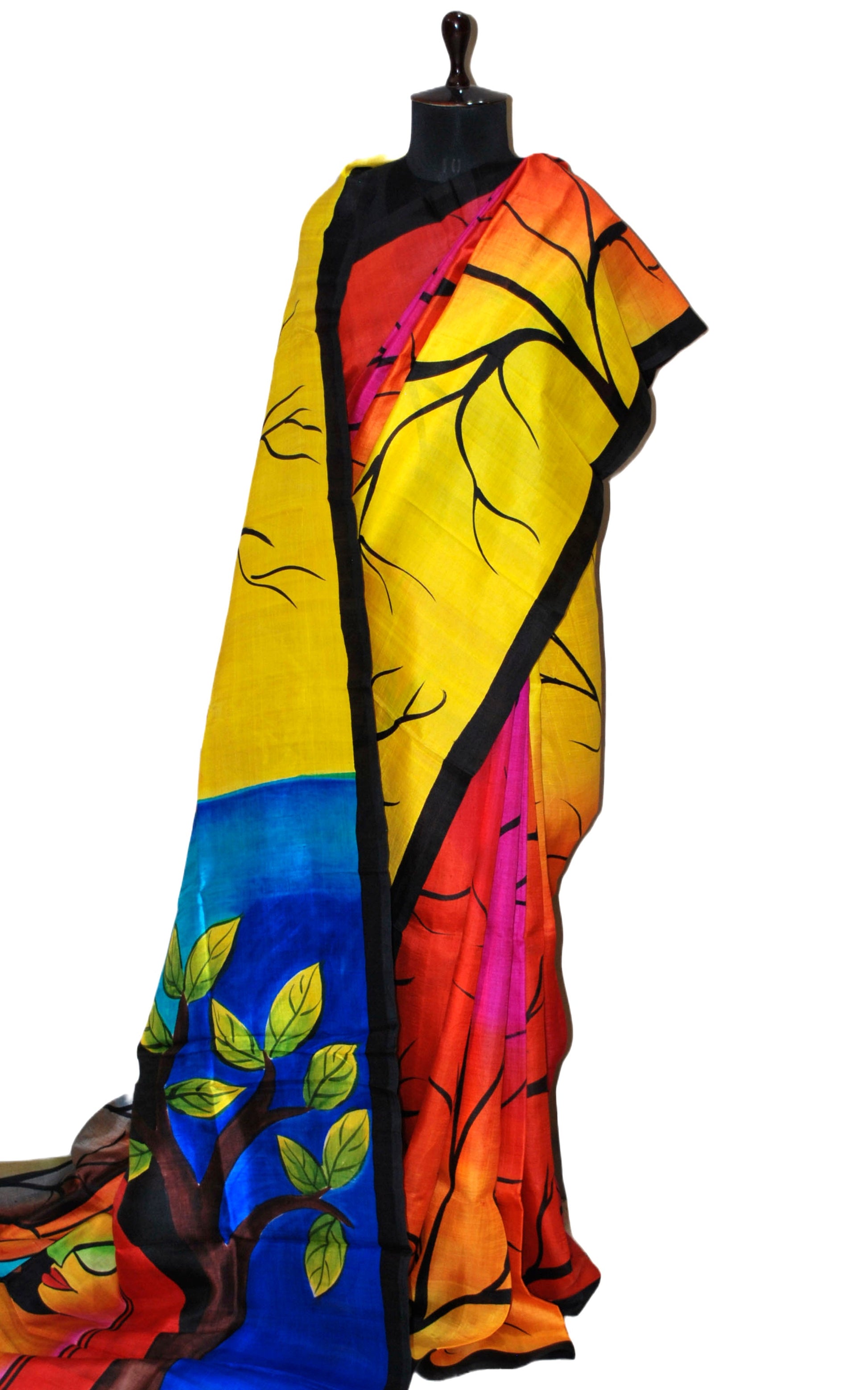 Soft Bishnupuri Printed Pure Silk Saree in Yellow, Hot Pink, Black and Multicolored