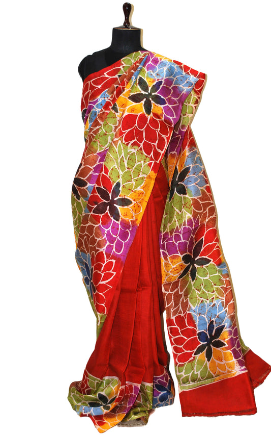 Hand Batik Soft Pure Silk Shibori Saree in Bright Red and Multicolored