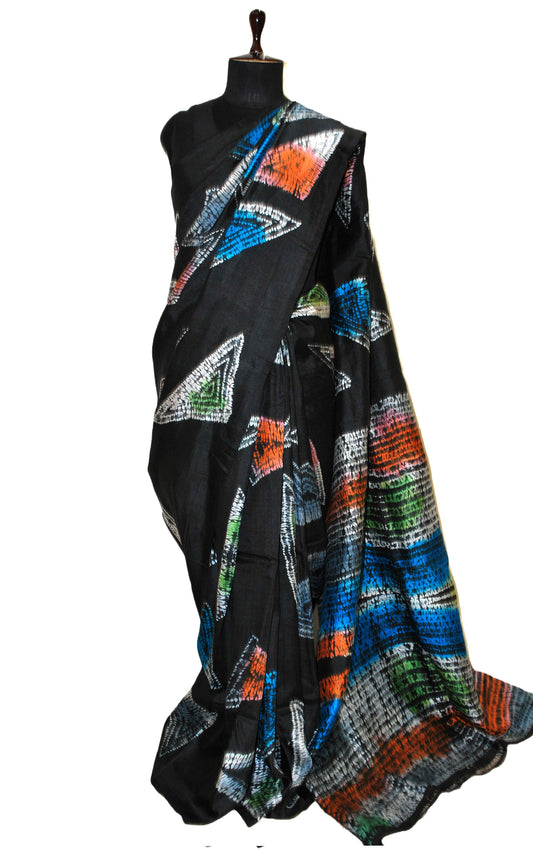 Hand Batik Soft Pure Silk Shibori Saree in Leather Black and Multicolored