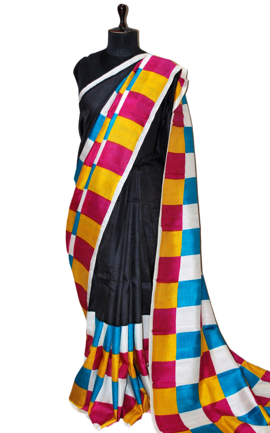 Soft Bishnupuri Printed Pure Silk Saree in Black and Multicolored