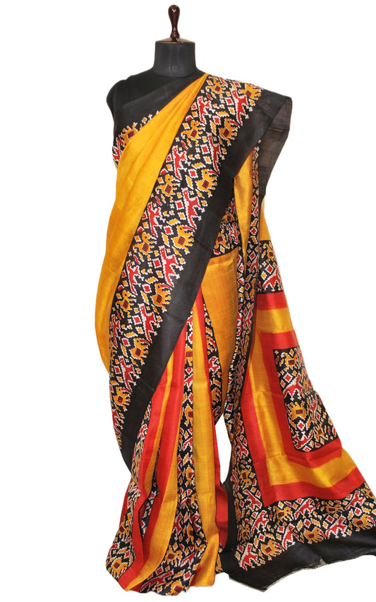 Madathasu Ikkat Printed Pure Silk Saree in Honey Yellow, Black, Off-white and Red