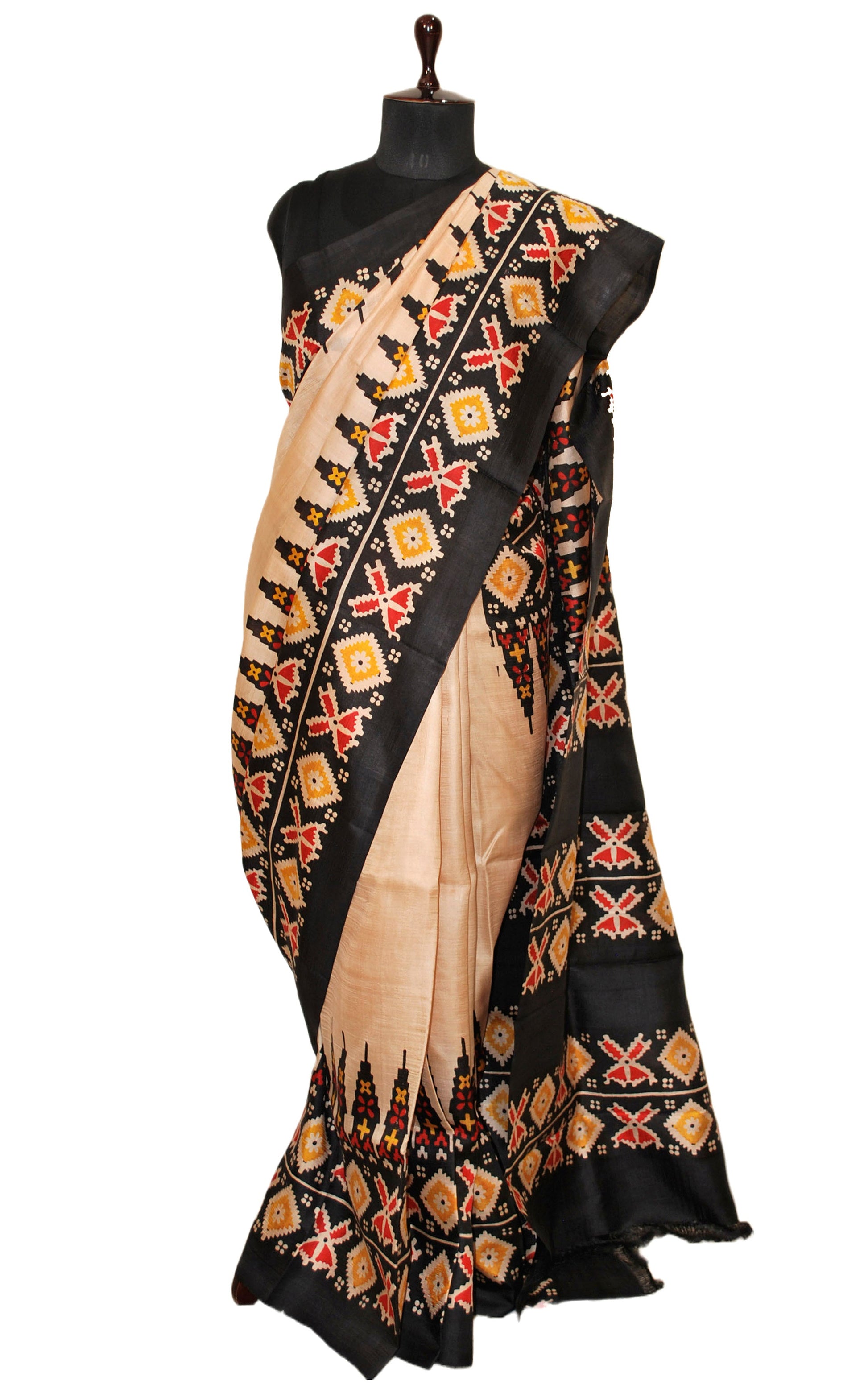 Madathasu Ikkat Printed Pure Silk Saree in Magnolia, Black Red and Bright Yellow