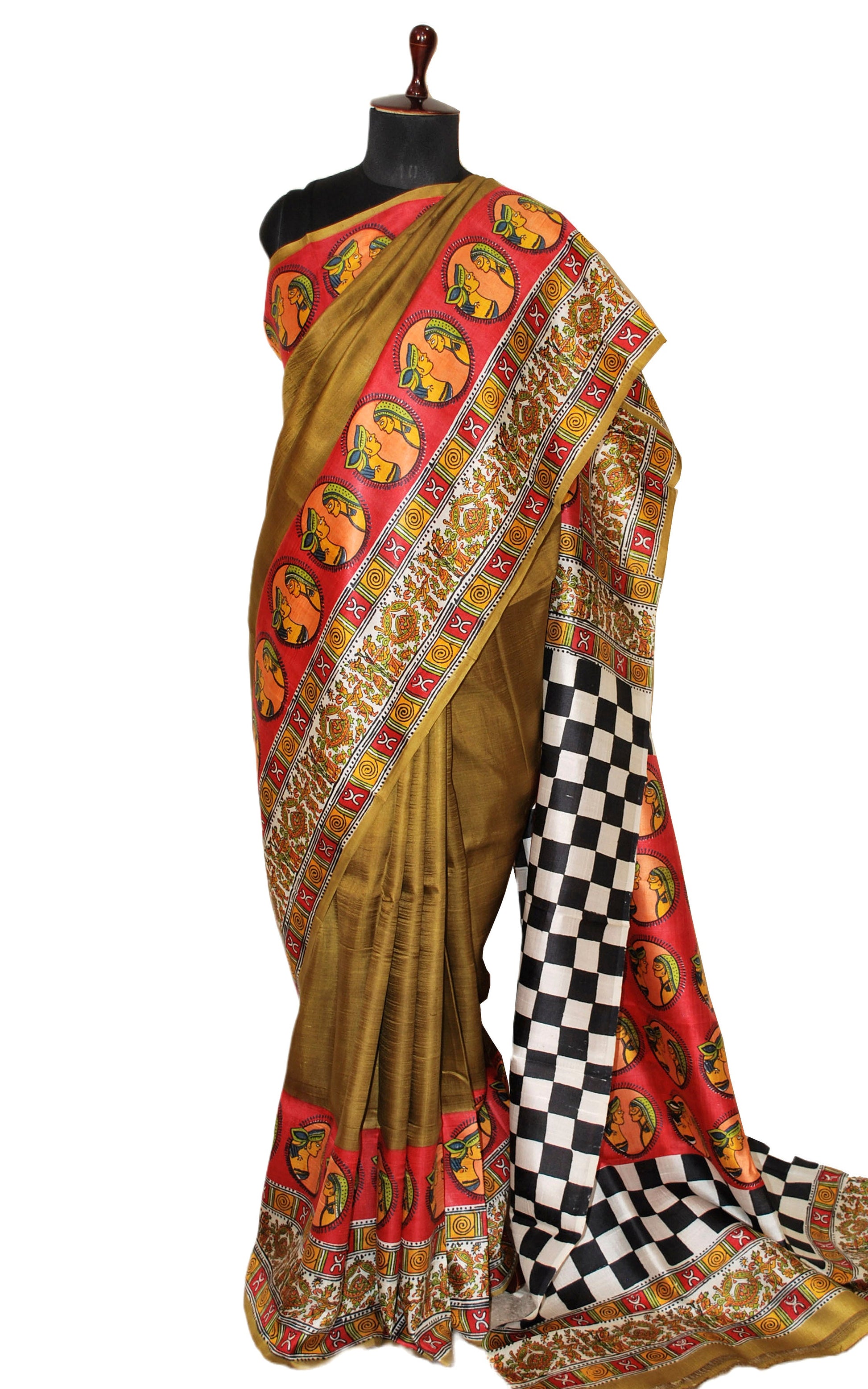 Kalamkari Printed Pure Silk Saree in Mehndi Green, Off White and Multicolored