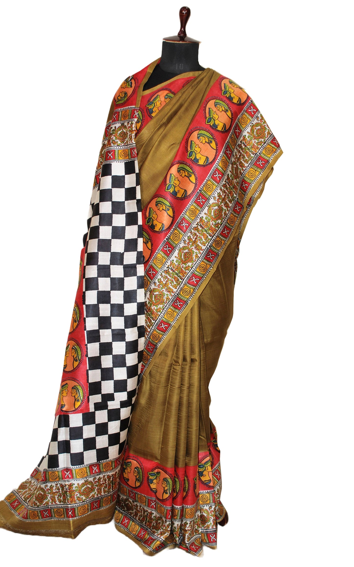 Kalamkari Printed Pure Silk Saree in Mehndi Green, Off White and Multicolored