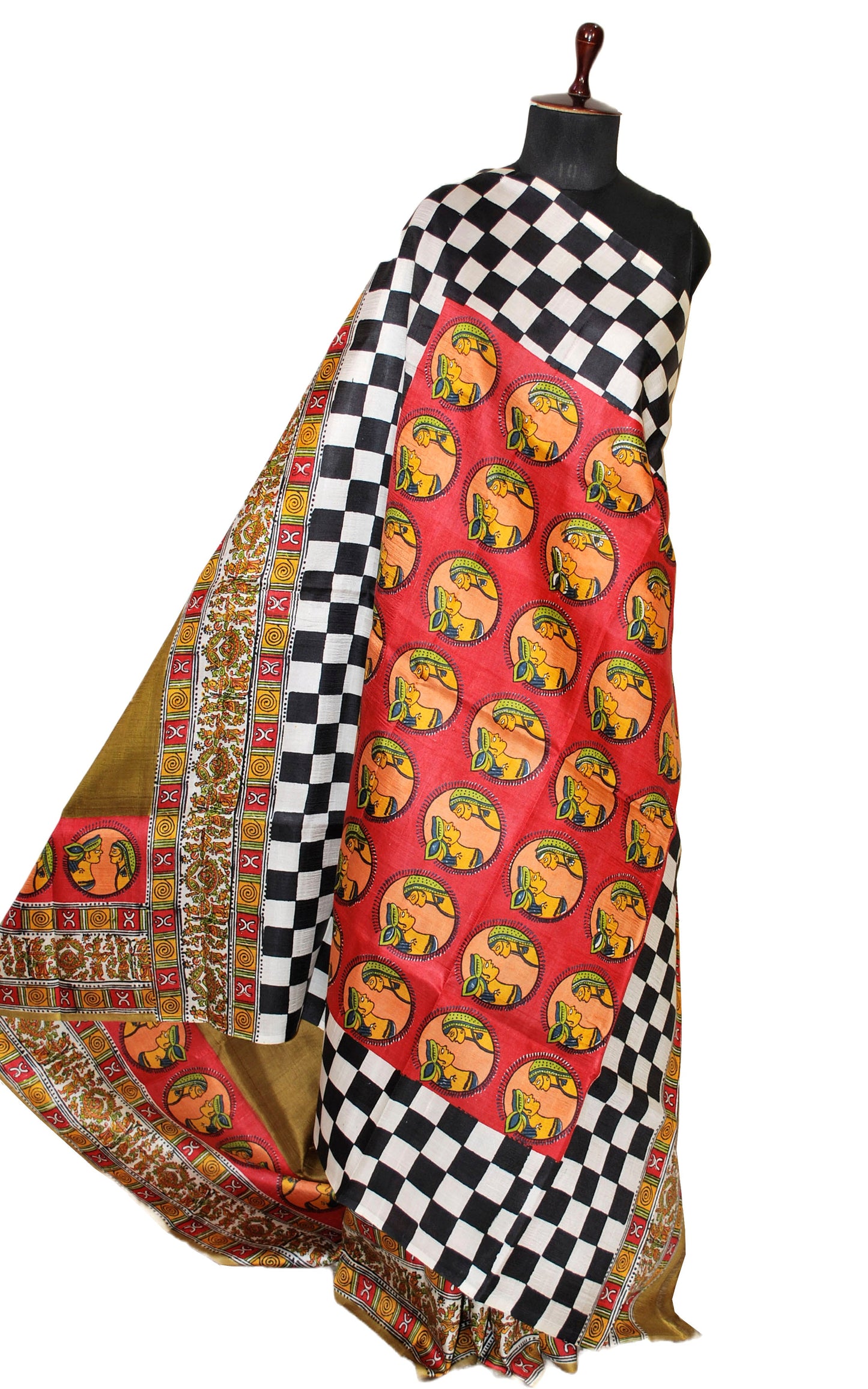 Kalamkari Printed Pure Silk Saree in Mehndi Green, Off White and Multicolored