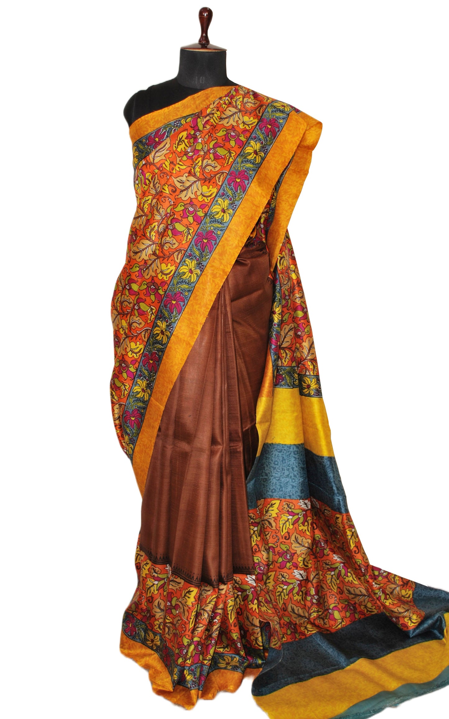 Kalamkari Printed Pure Silk Saree in Brown, Orange and Multicolored