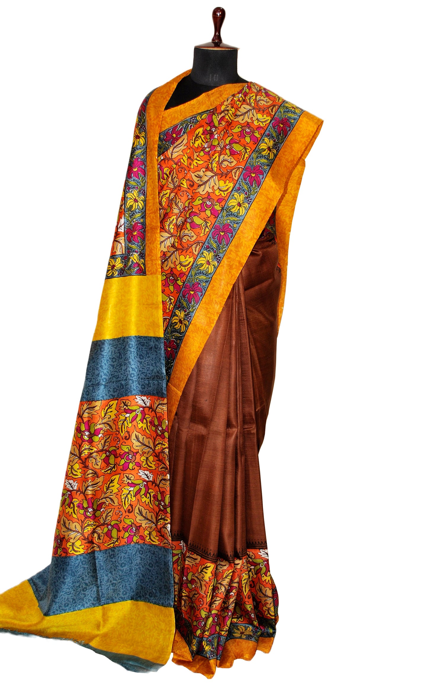 Kalamkari Printed Pure Silk Saree in Brown, Orange and Multicolored