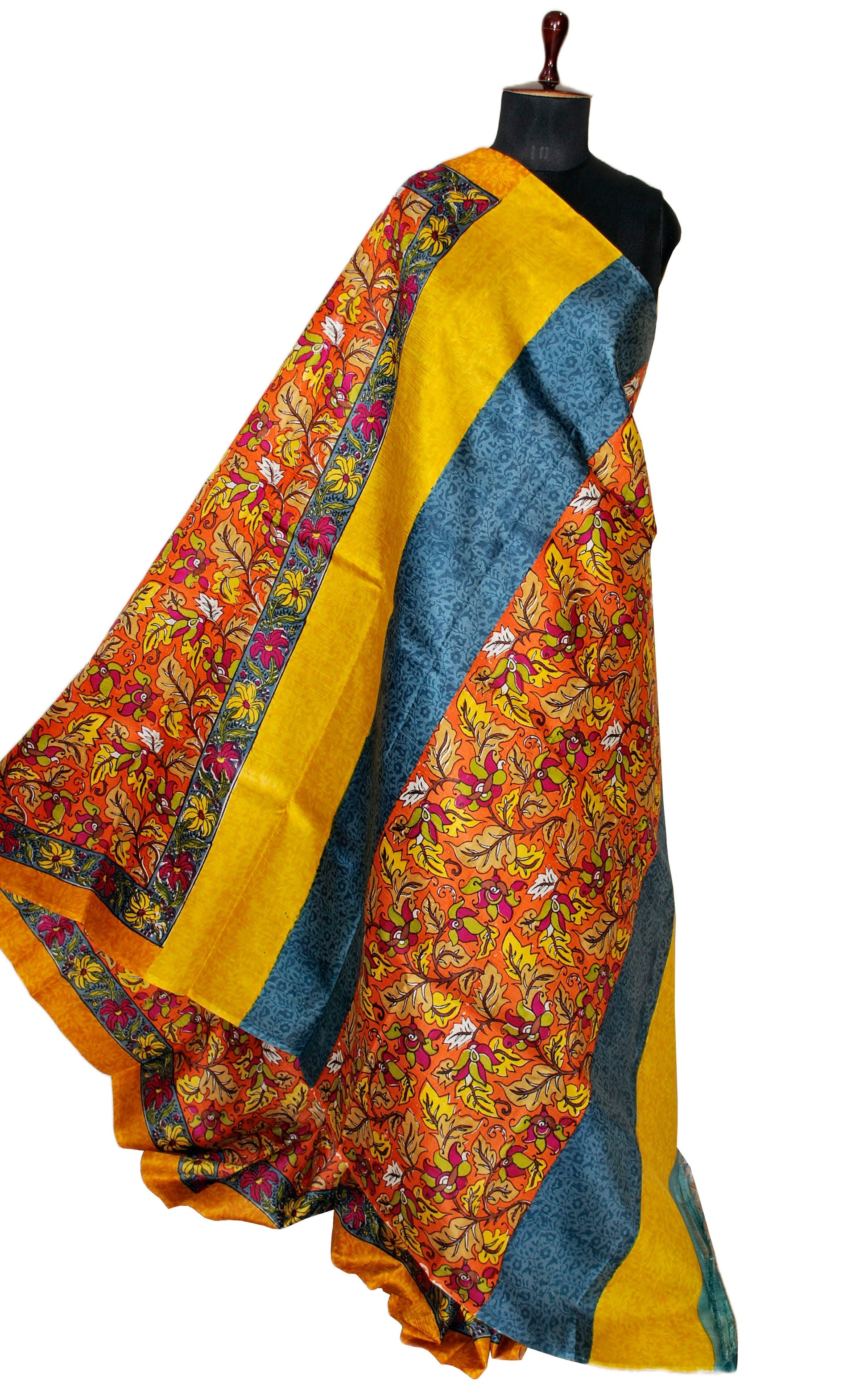 Kalamkari Printed Pure Silk Saree in Brown, Orange and Multicolored