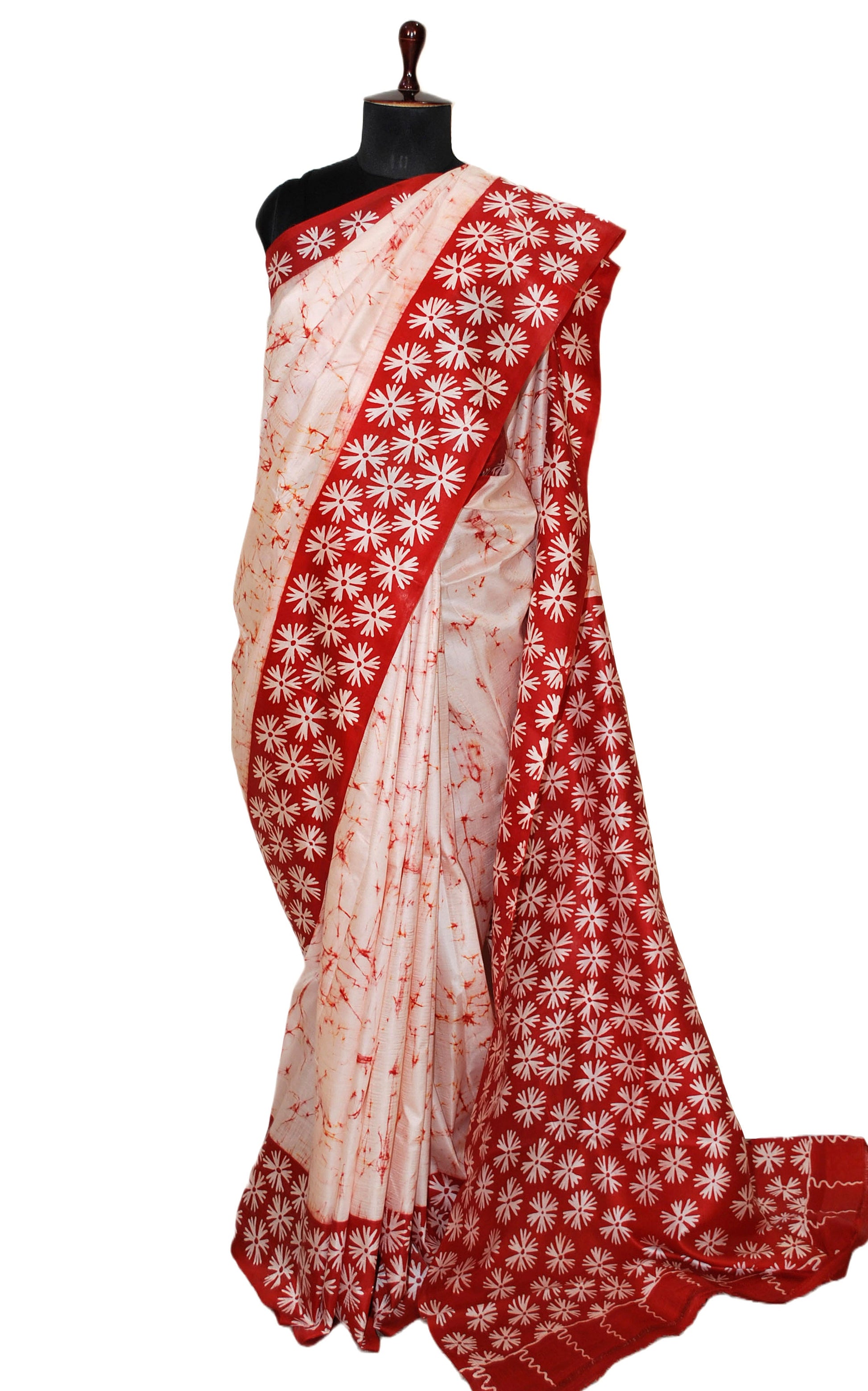 Hand Batik Pure Silk Saree in Beige and Brick Red