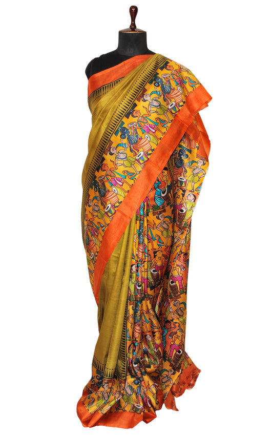 Kalamkari Printed Pure Silk Saree in Olive Green, Orange and Multicolored