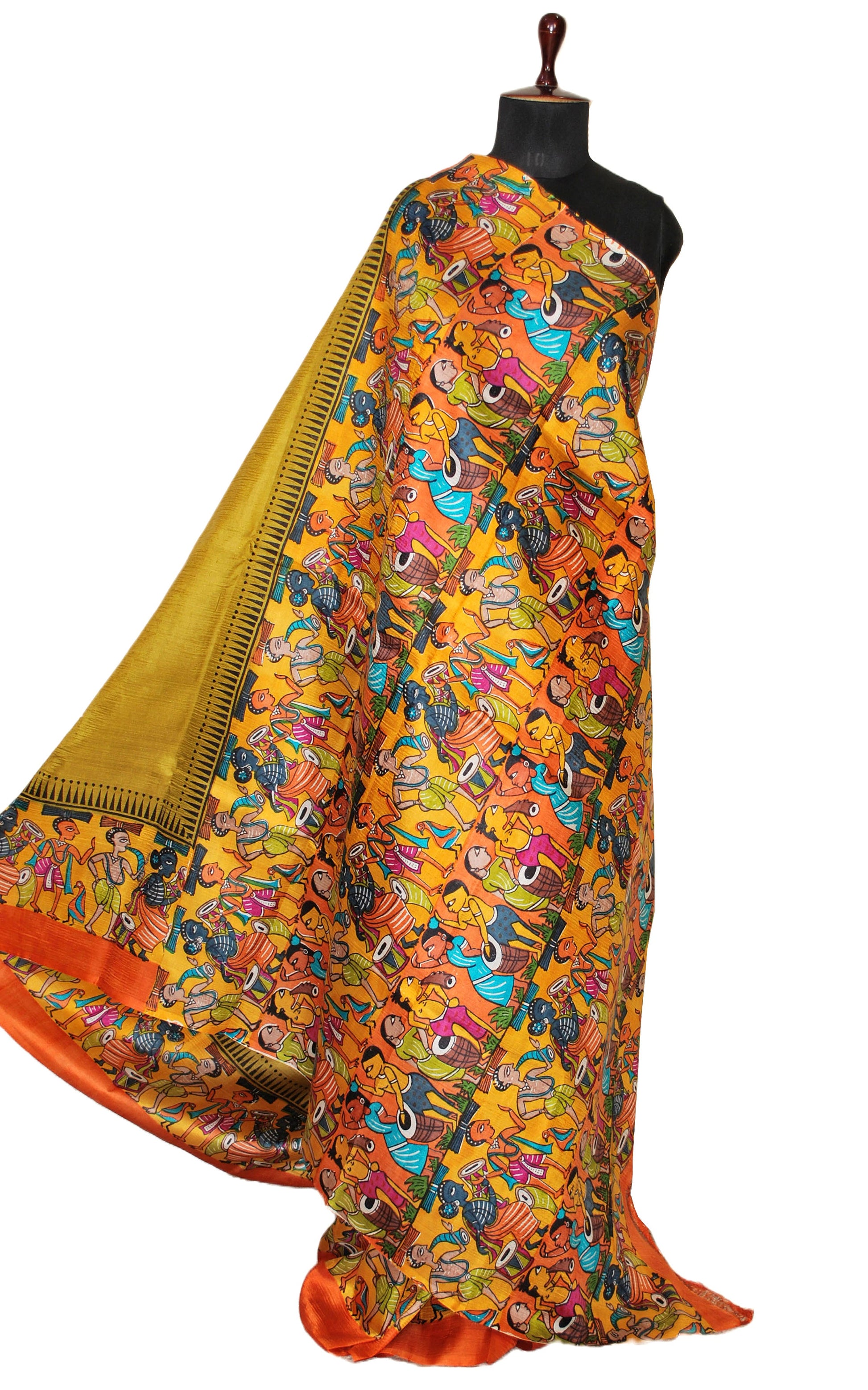 Kalamkari Printed Pure Silk Saree in Olive Green, Orange and Multicolored