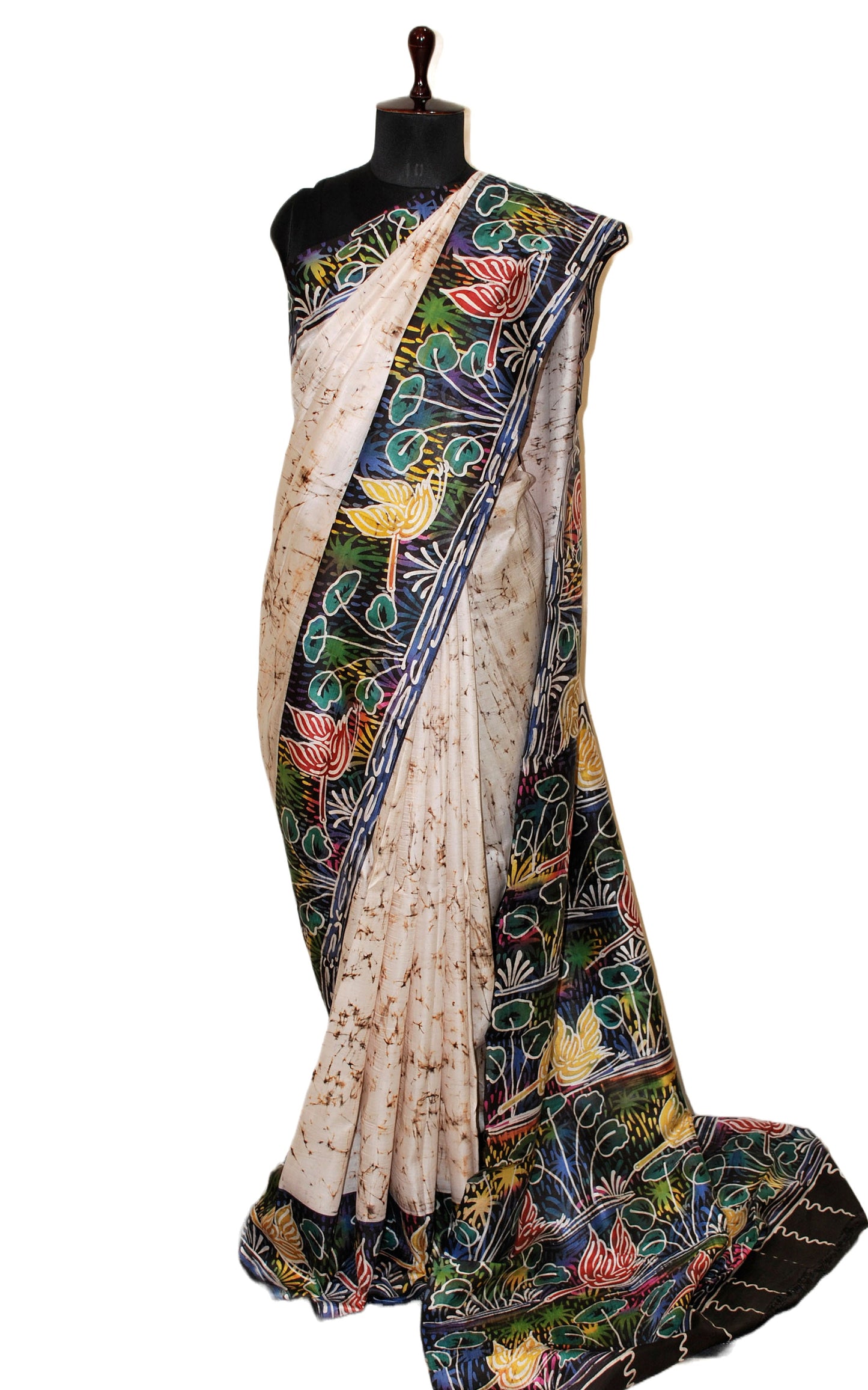 Hand Batik Pure Silk Saree in Ivory White, Grease Black and Multicolored