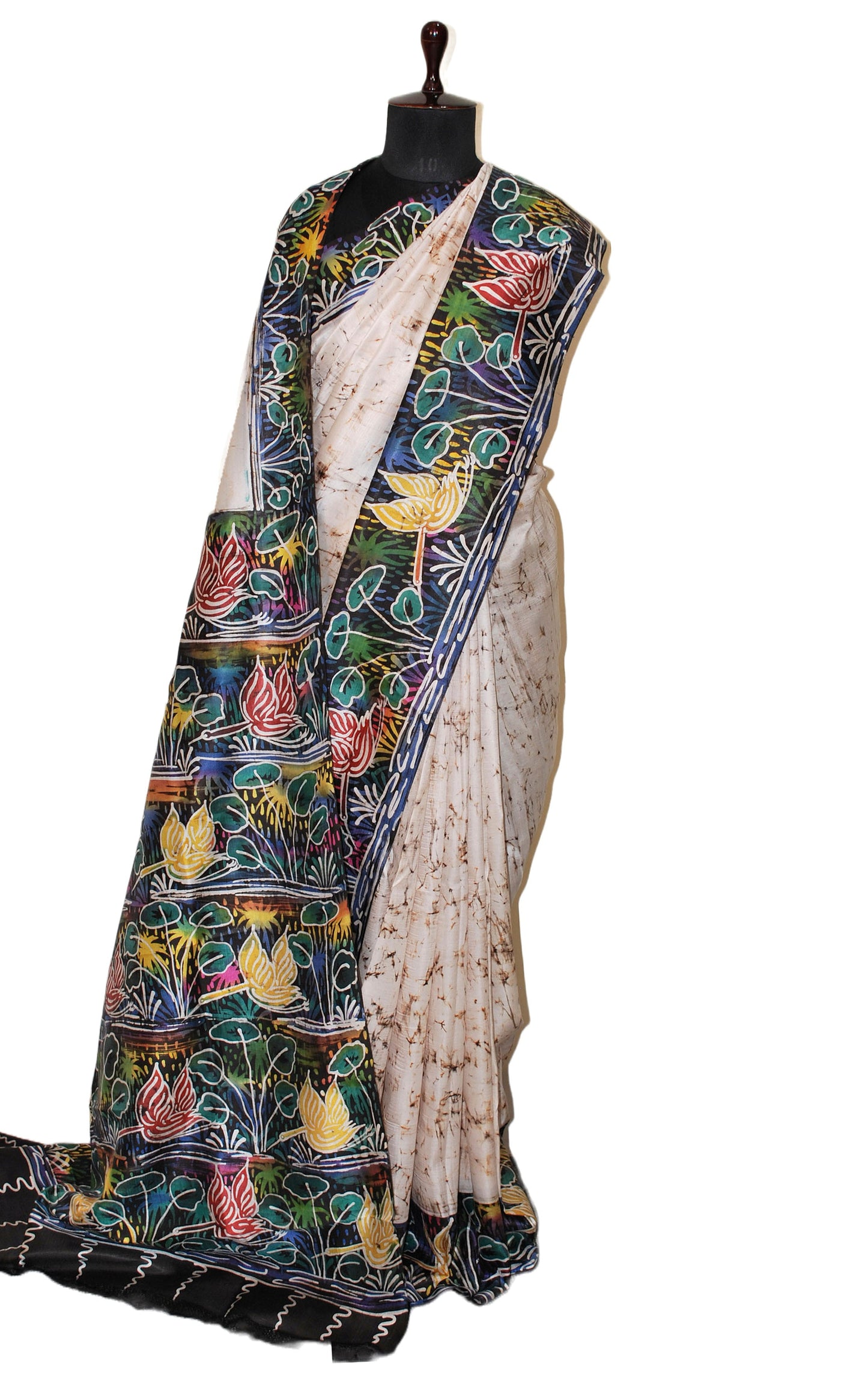 Hand Batik Pure Silk Saree in Ivory White, Grease Black and Multicolored