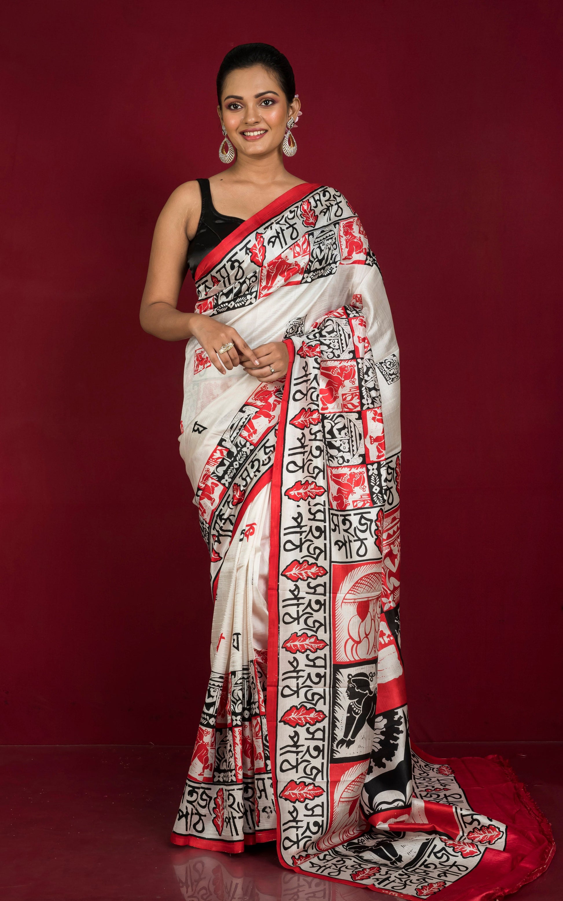 Bangla Bornomala with Rural Portrait Printed Pure Silk Saree in Off White, Black and Red