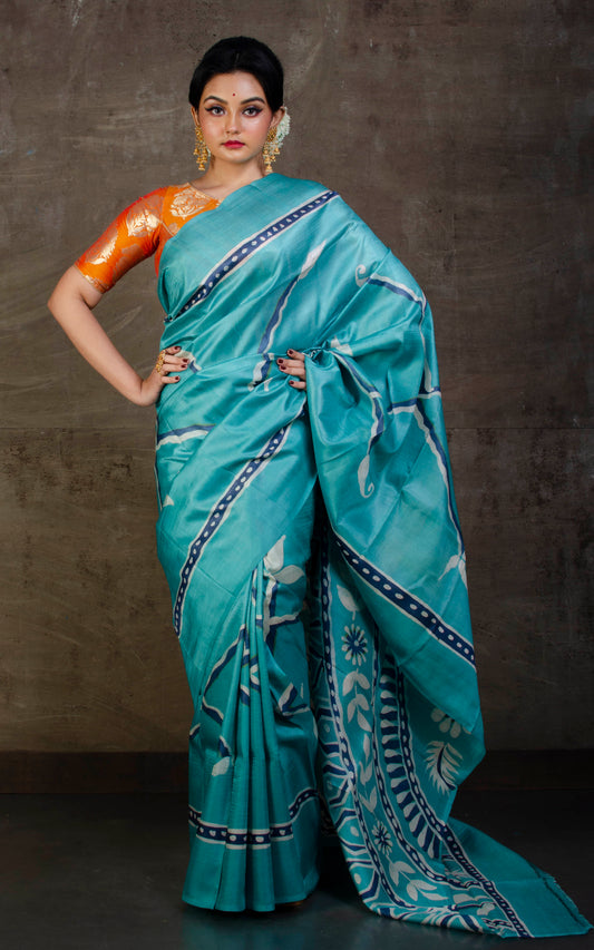 Hand Batik Pure Silk Saree in Teal Blue, Deep Blue and Off white