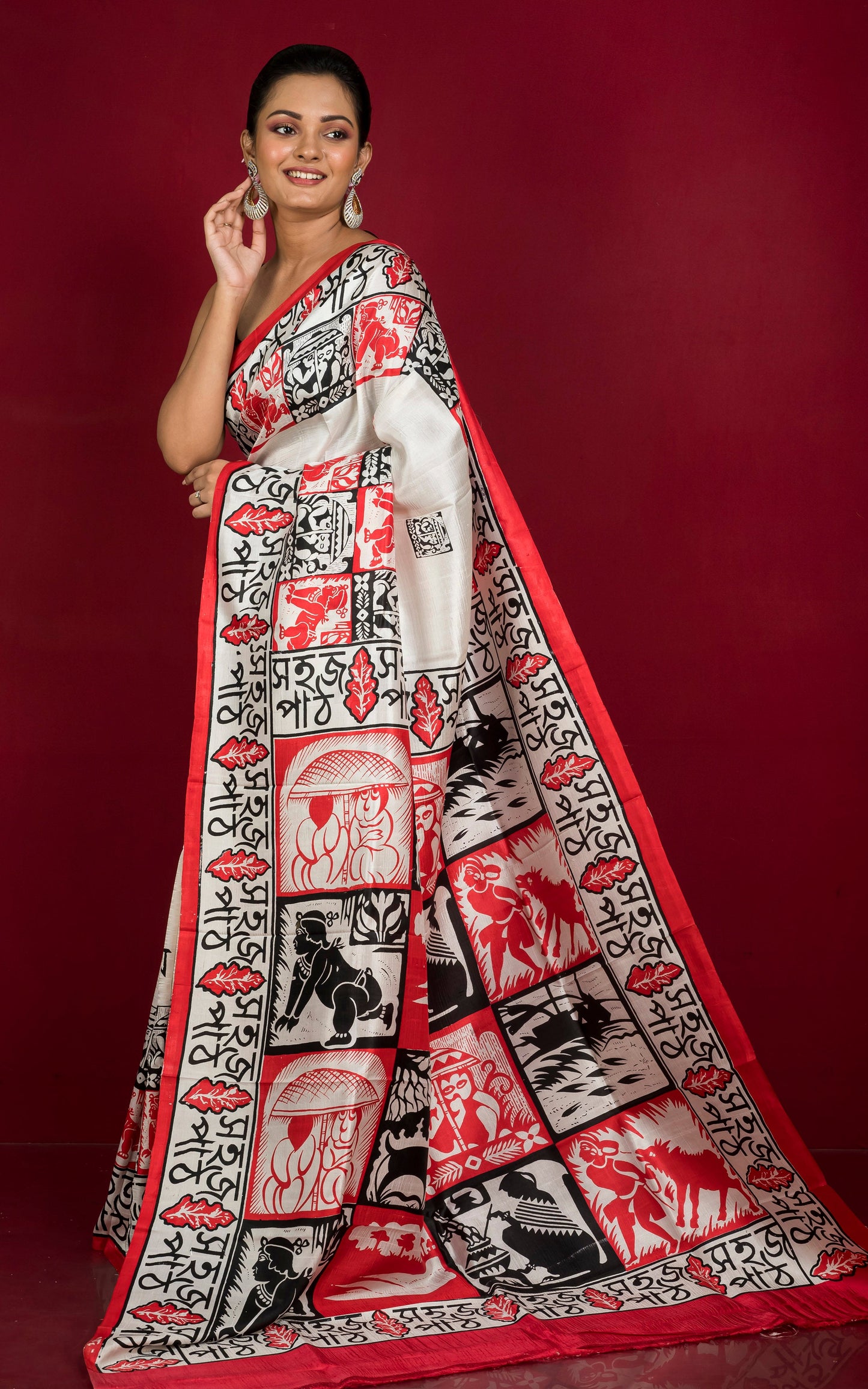 Bangla Bornomala with Rural Portrait Printed Pure Silk Saree in Off White, Black and Red