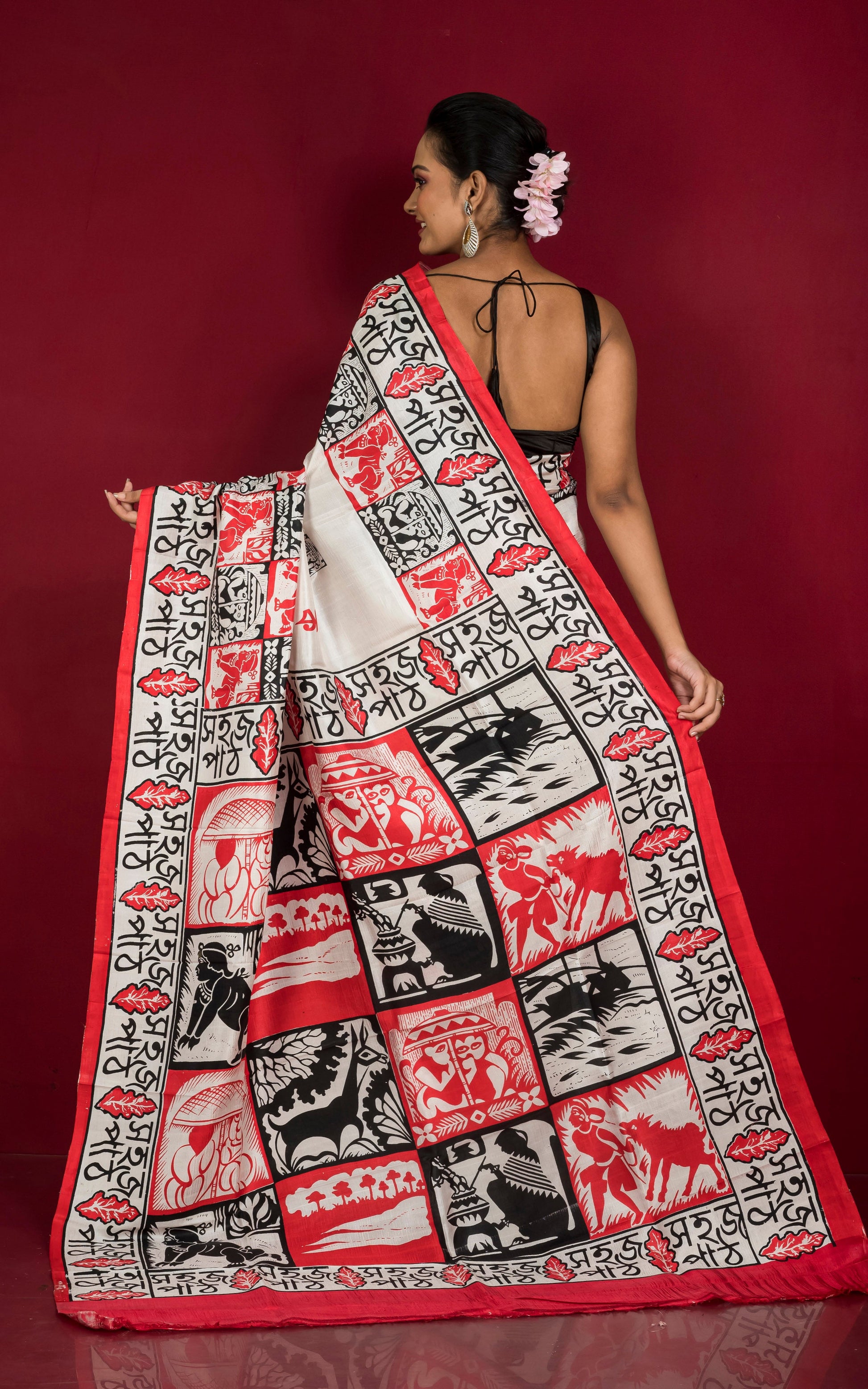 Bangla Bornomala with Rural Portrait Printed Pure Silk Saree in Off White, Black and Red