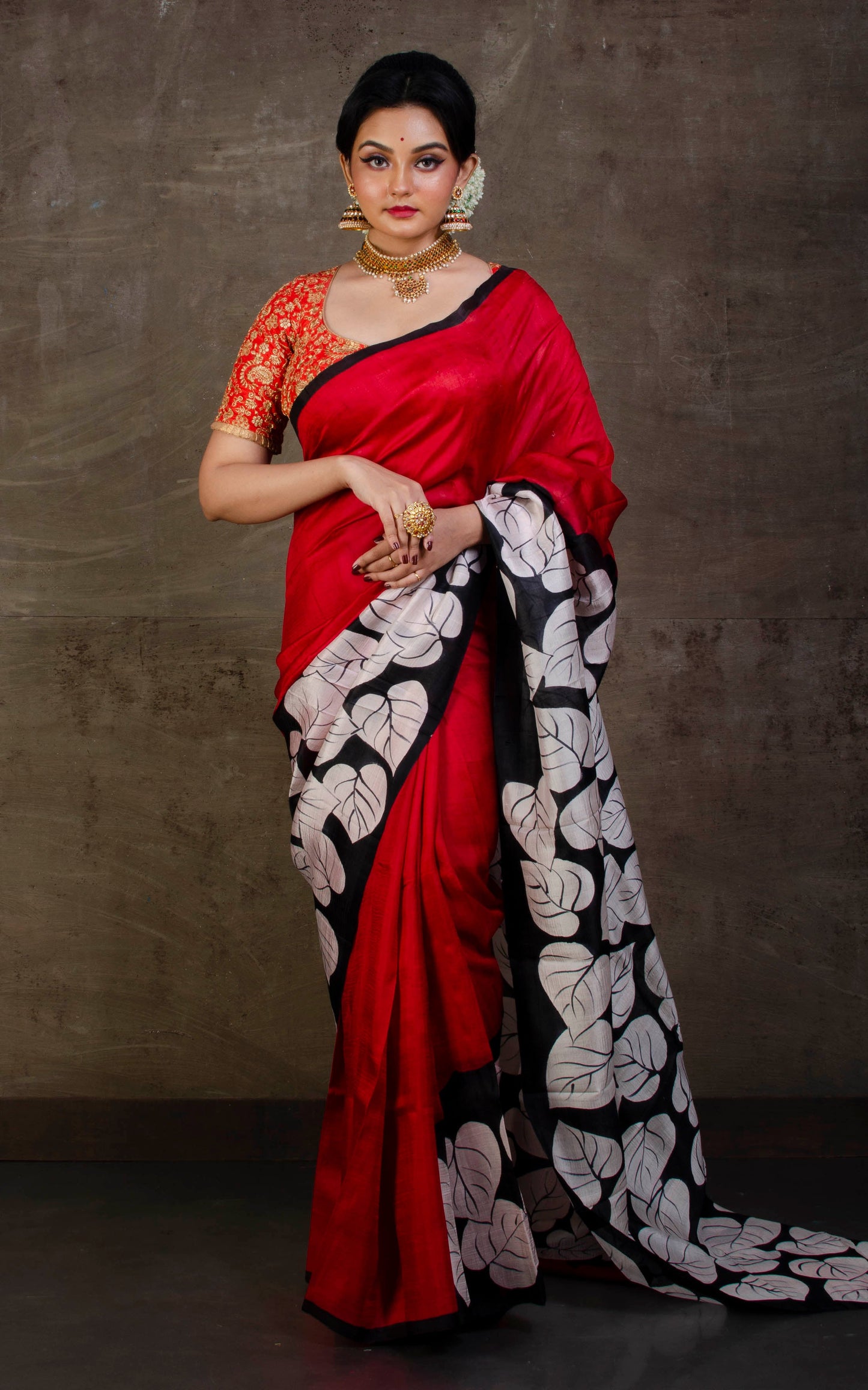 Hand Block Printed Pure Silk Saree in Dark Red, Off White and Black