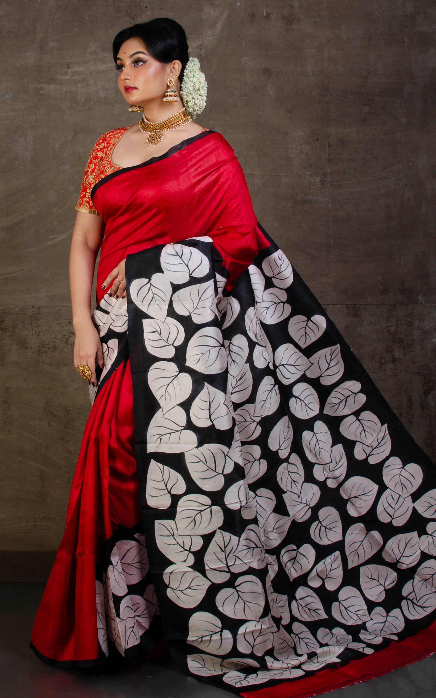 Hand Block Printed Pure Silk Saree in Dark Red, Off White and Black