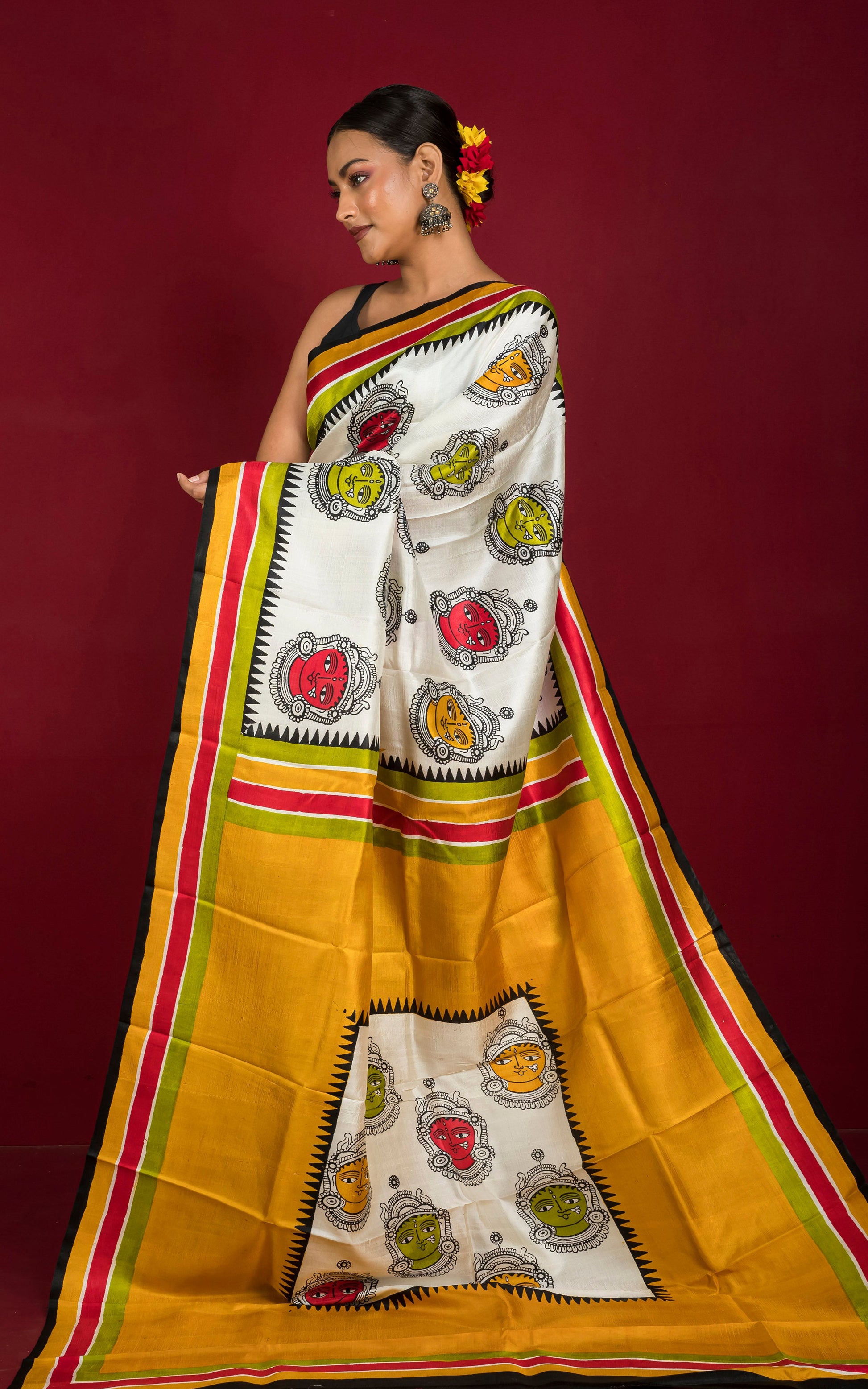 Kalamkari Printed Pure Silk Saree in Off White, Golden Yellow, Red, Green and Black