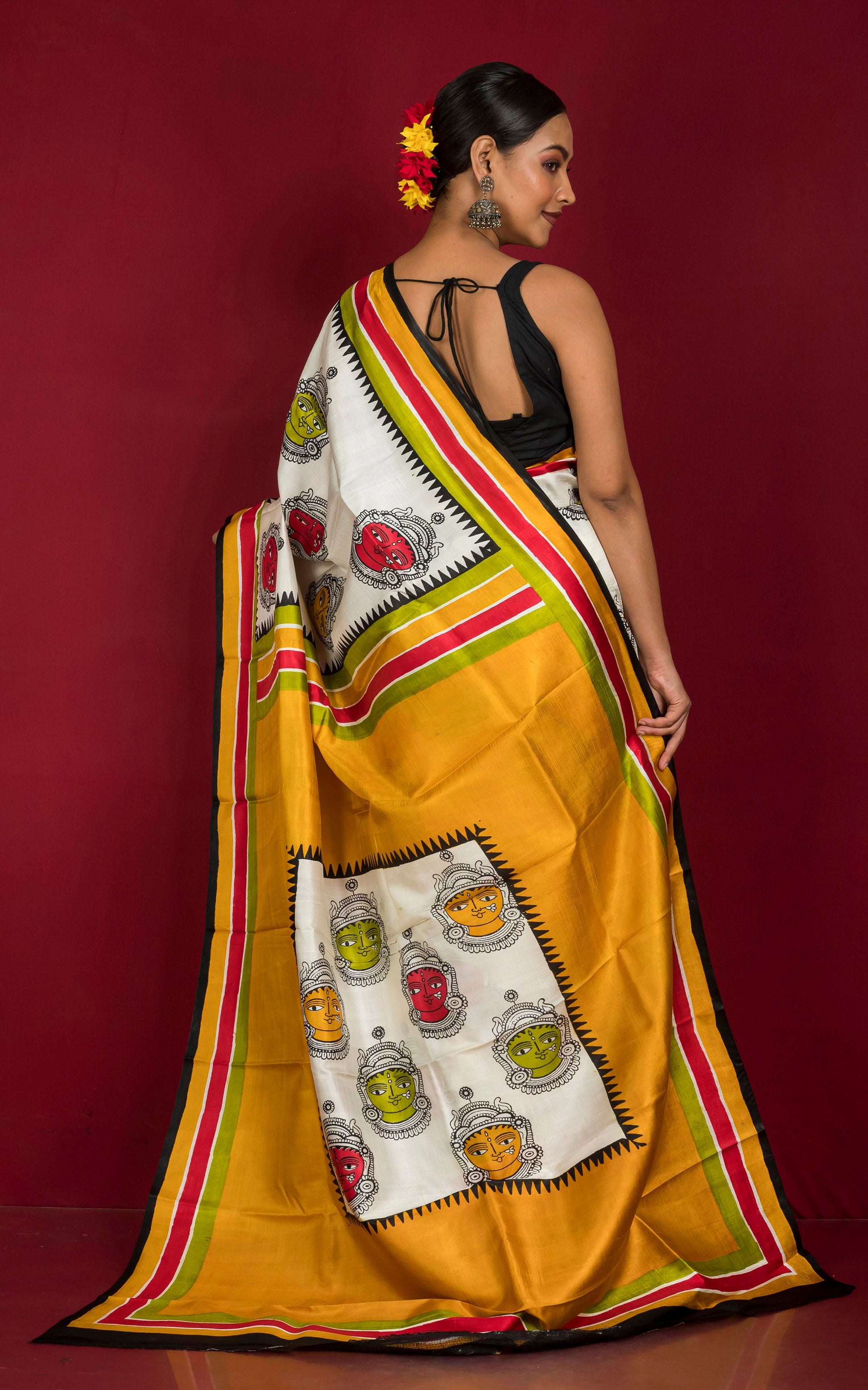 Kalamkari Printed Pure Silk Saree in Off White, Golden Yellow, Red, Green and Black