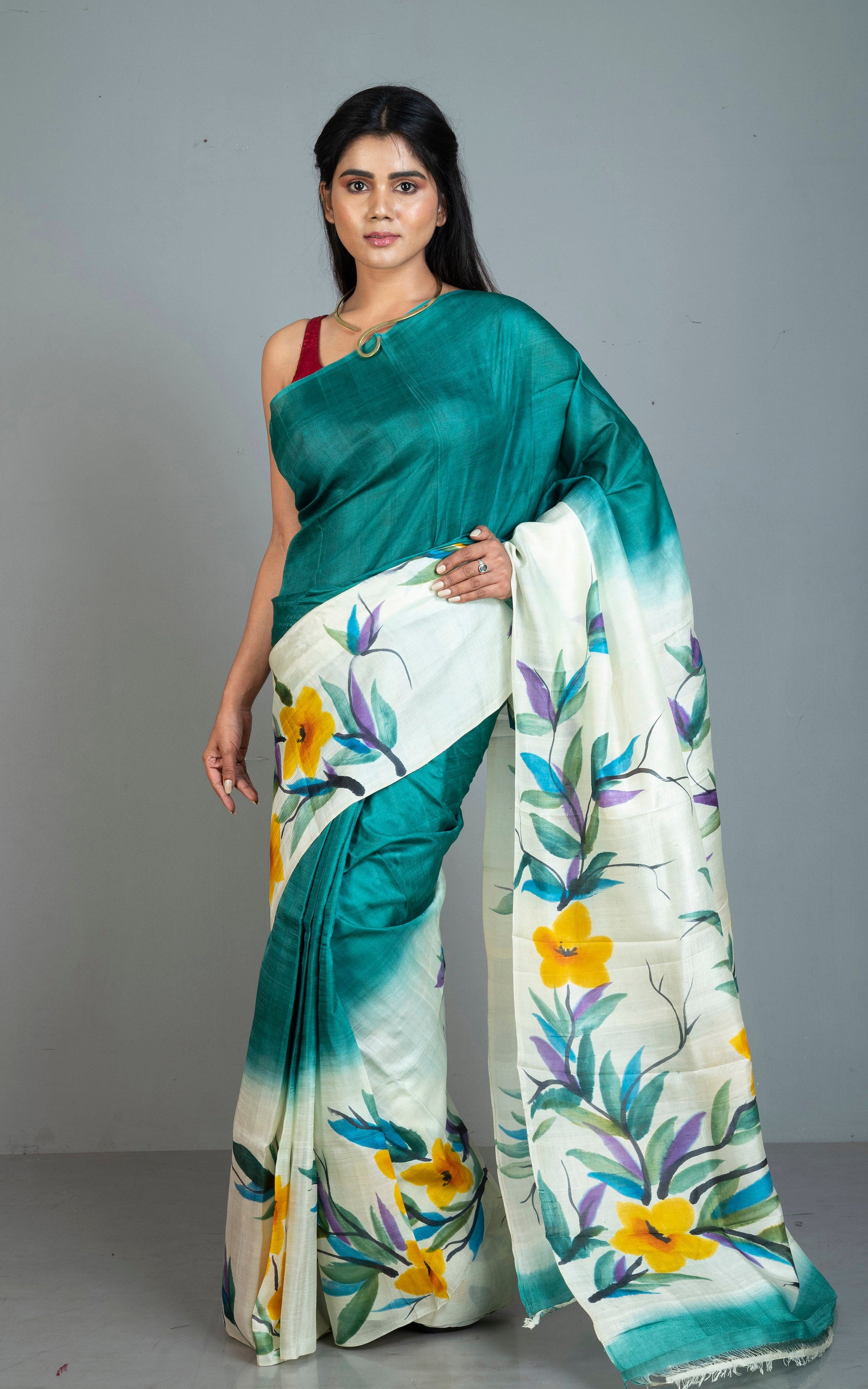 Hand Batik Pure Silk Saree in Teal Green, Off White and Multicolored